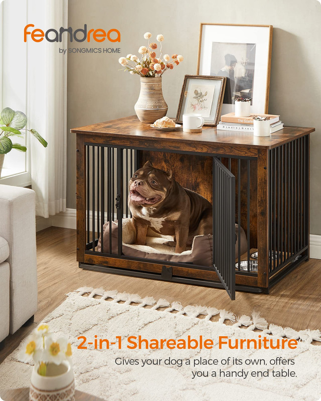 Dog Crate Furniture, 38 Inches Dog Kennel for Dogs up to 70 lb, with Removable Tray, Heavy-Duty Dog Cage End Table, Double Doors Dog House, Rustic Brown