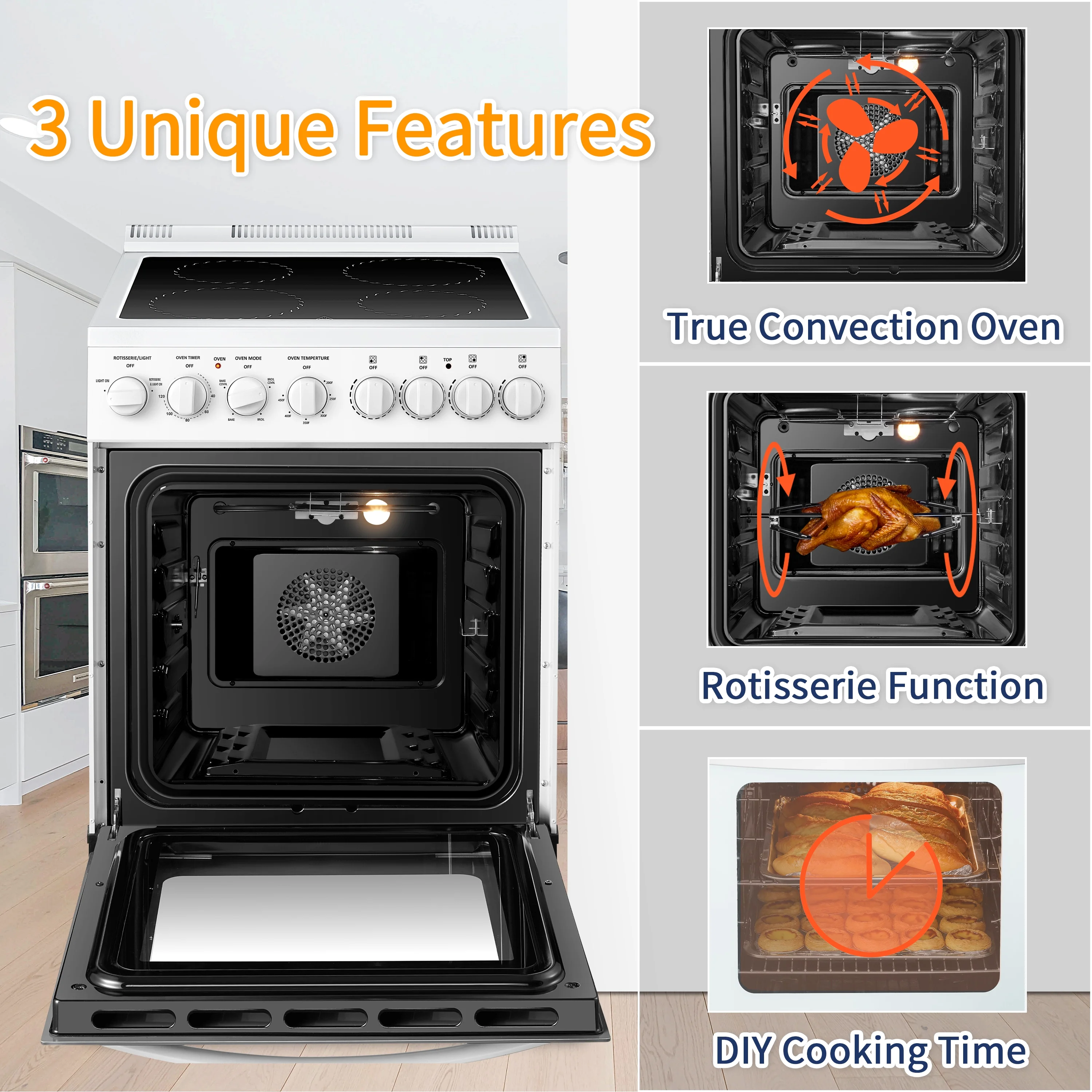 Lanbo 24 inch 2.9 Cu.ft. Freestanding Electric Range with Rotisserie and Convection Oven