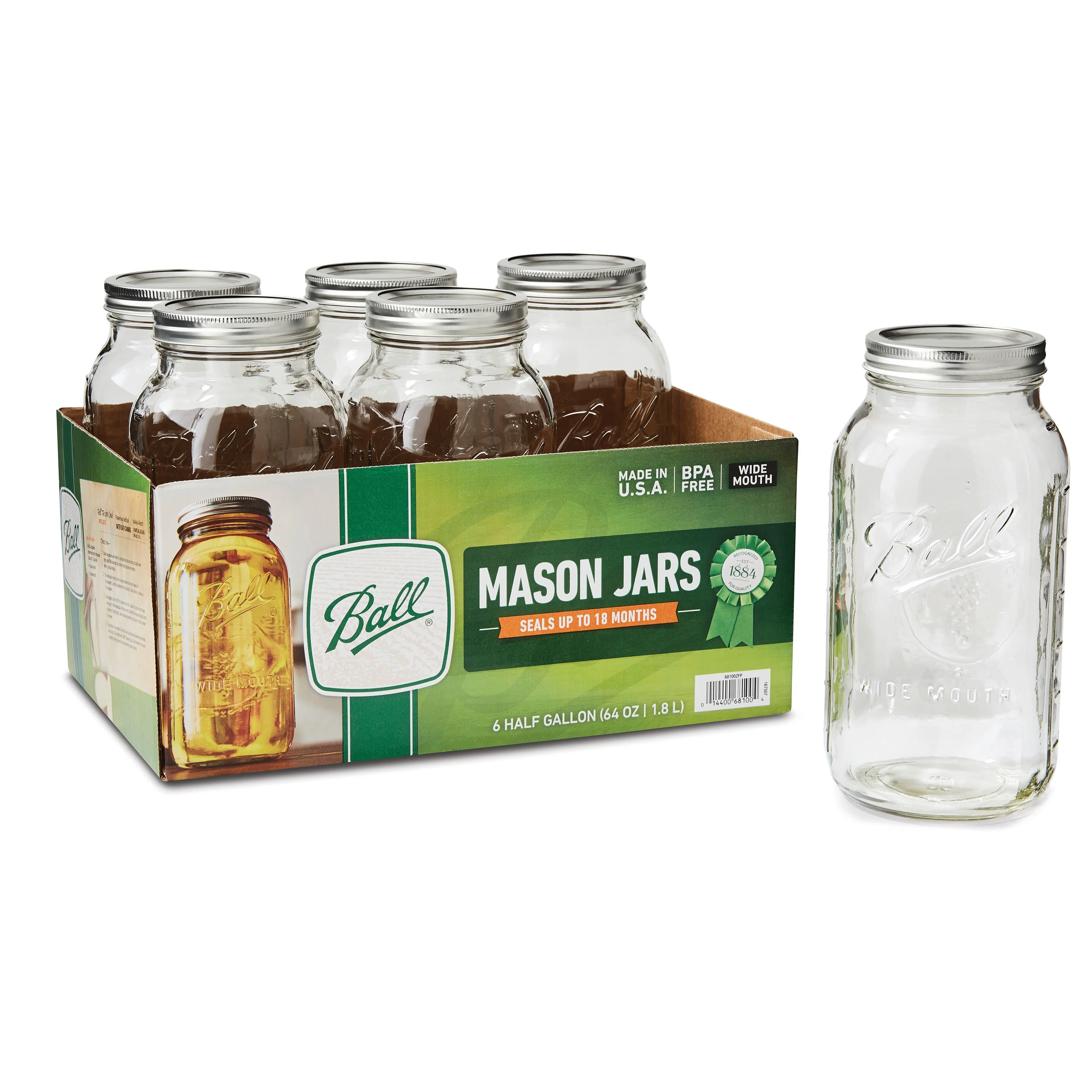 (2 pack) Ball Wide Mouth 64oz Half Gallon Mason Jars with Lids & Bands, 6 Count