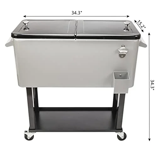 80 Quart Rolling Cooling Bins Ice Chest on Wheels - Outdoor Stand Up Drink Cooler Cart with Bottle Opener Drainage, Perfect for Backyard Patio Deck Parties and Entertaining Guests (Grey)