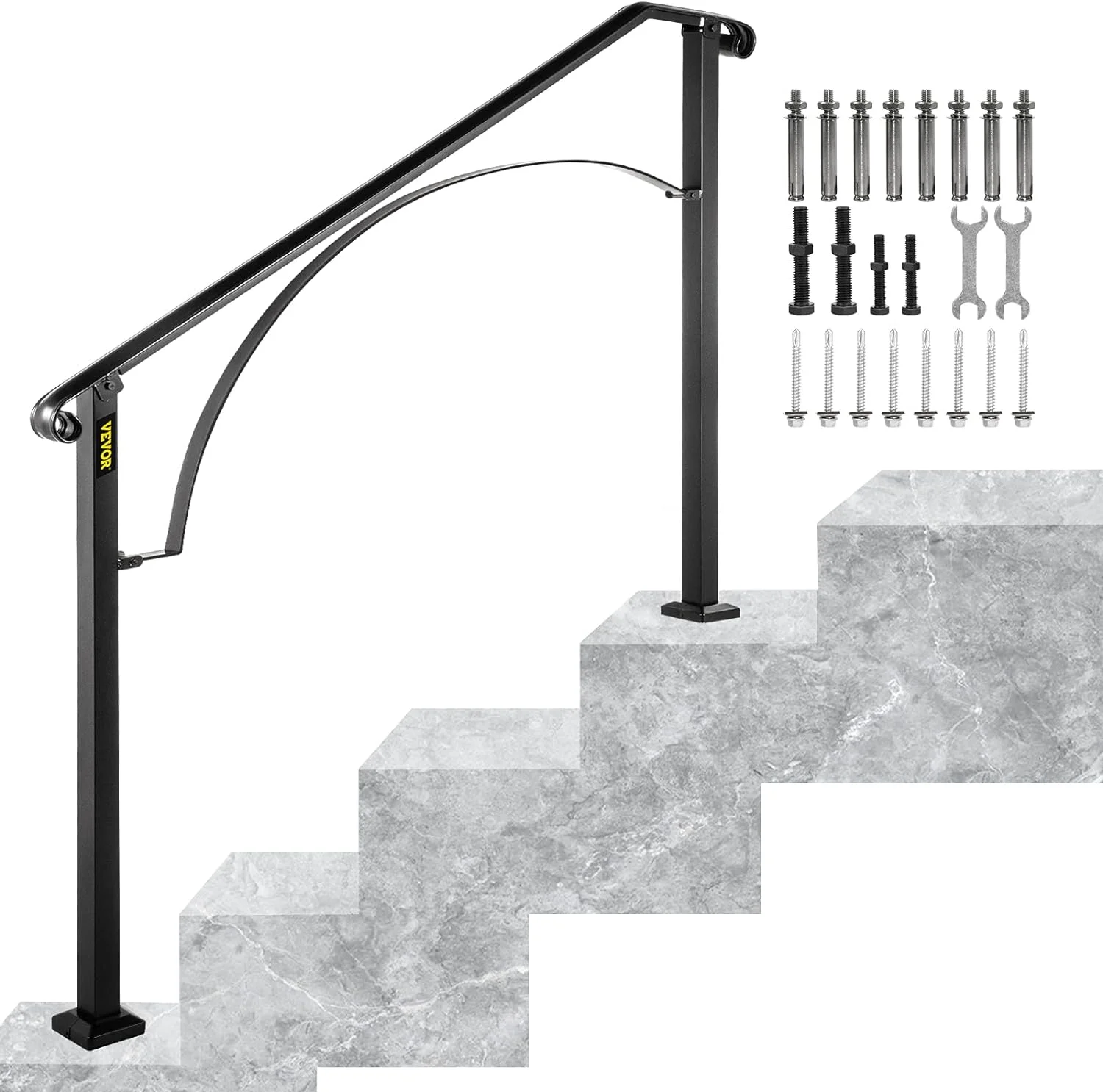 OUWI Handrail for Outdoor Steps, 3-4 Steps Arch#2 Outdoor Handrail, Adjustable Wrought Iron Staircase Handrail, Thickened Stair Railings for Porch Railing, Deck Handrail
