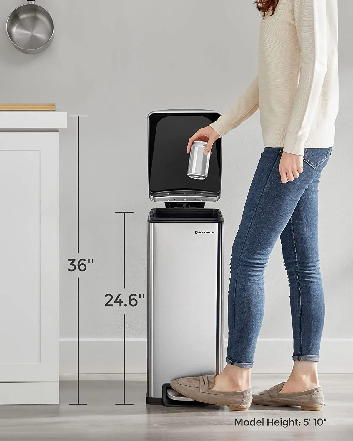 SONGMICS 12.7 Gallon Slim Trash Can, Kitchen Garbage Can for Narrow Spaces, Stainless Steel, Silver