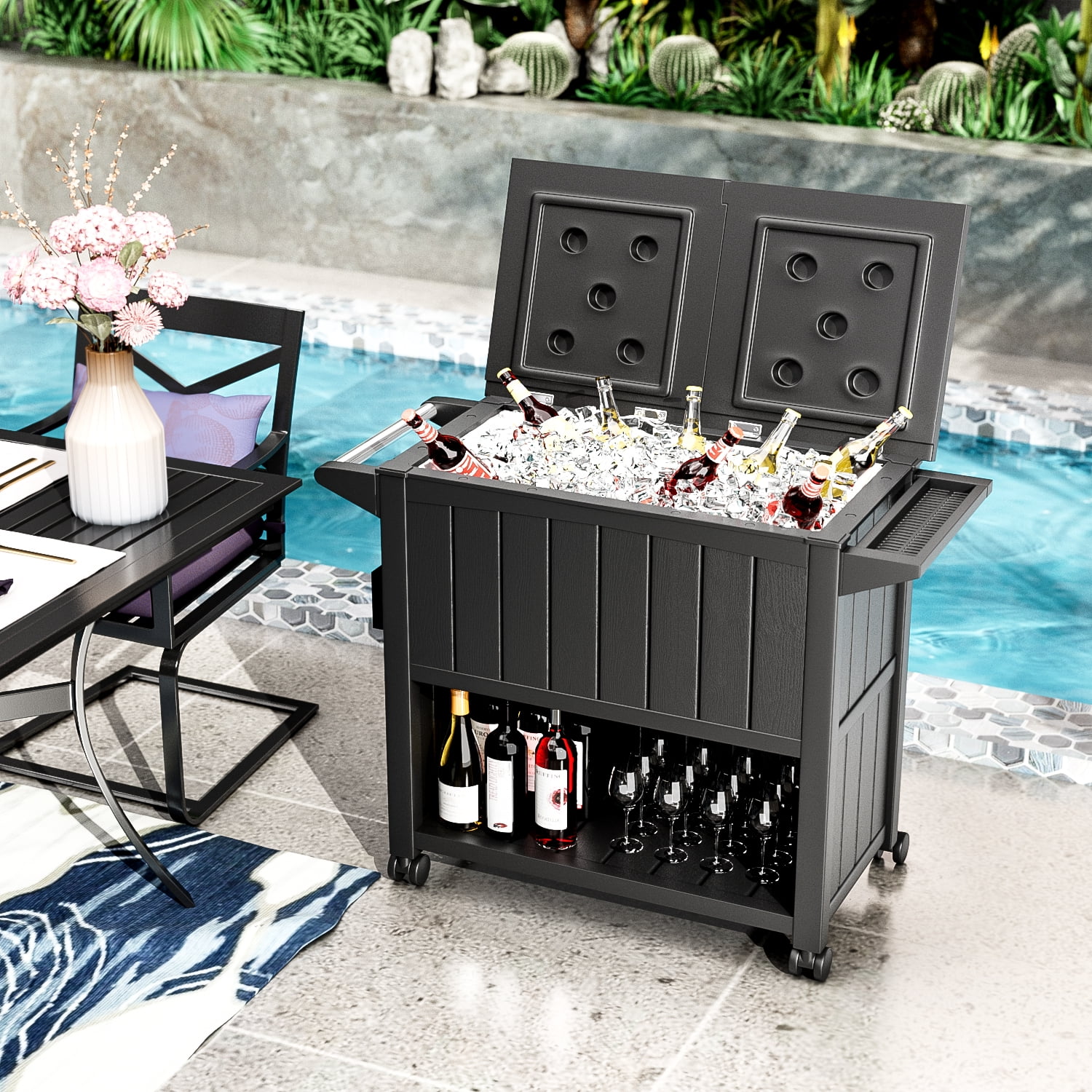 Lacoo 80 QT Resin Plastic Rolling Cooler Cart Ice Beer Drink Chest on Wheels with Shelf, Black, Outdoor