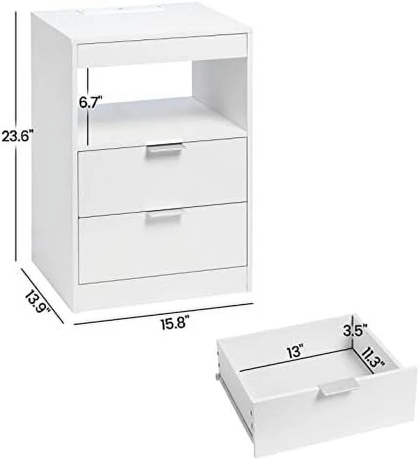 ZFGSUIJN LED Nightstand White Nightstand with Wireless Charging Station 2 Drawers   End  with LED Lights  Wooden Sofa Bedside Table with Pull-Out