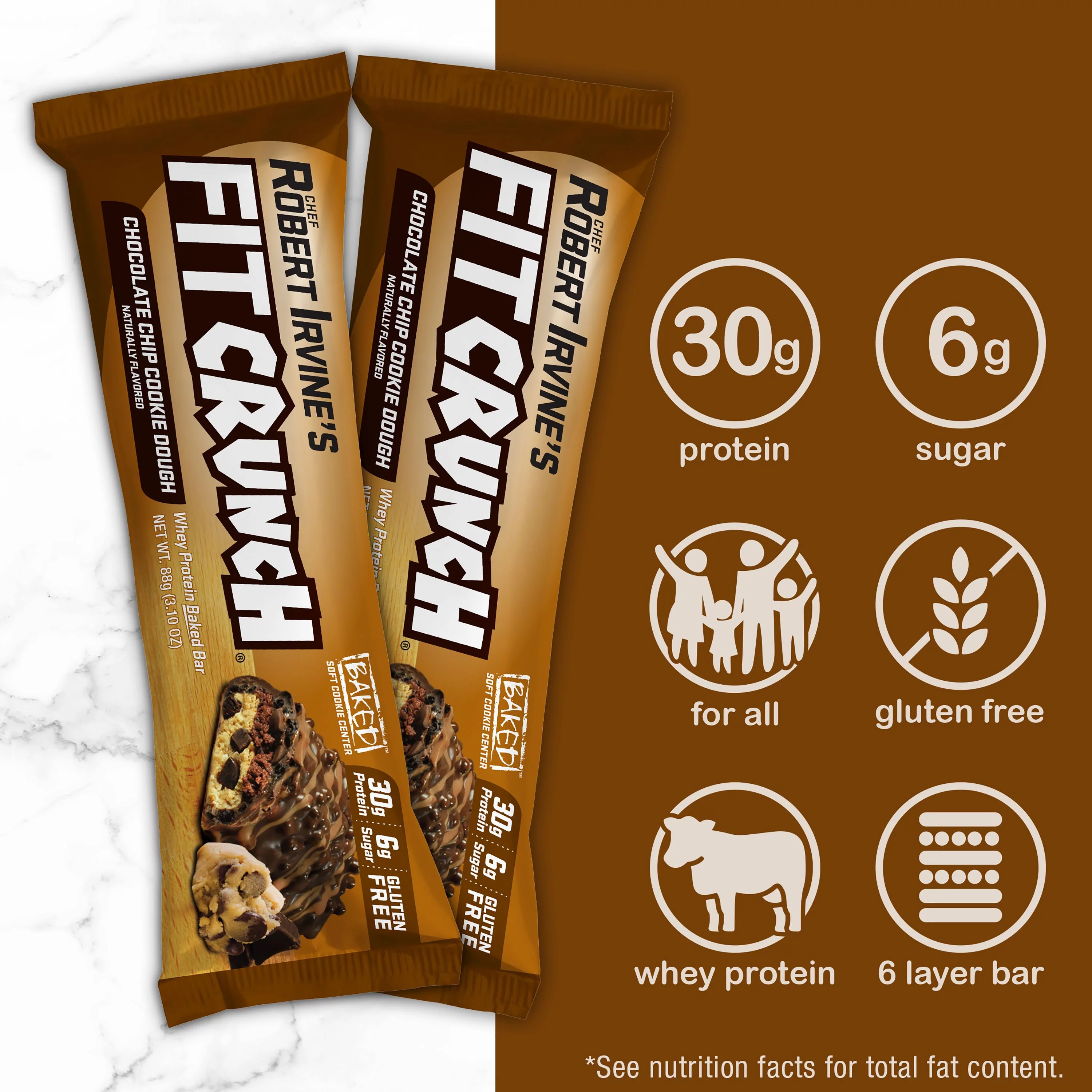 Chef Robert Irvine's FITCRUNCH Chocolate Chip Cookie Dough, High Protein Baked Bar, 30g Protein, 3.1 oz., 1ct