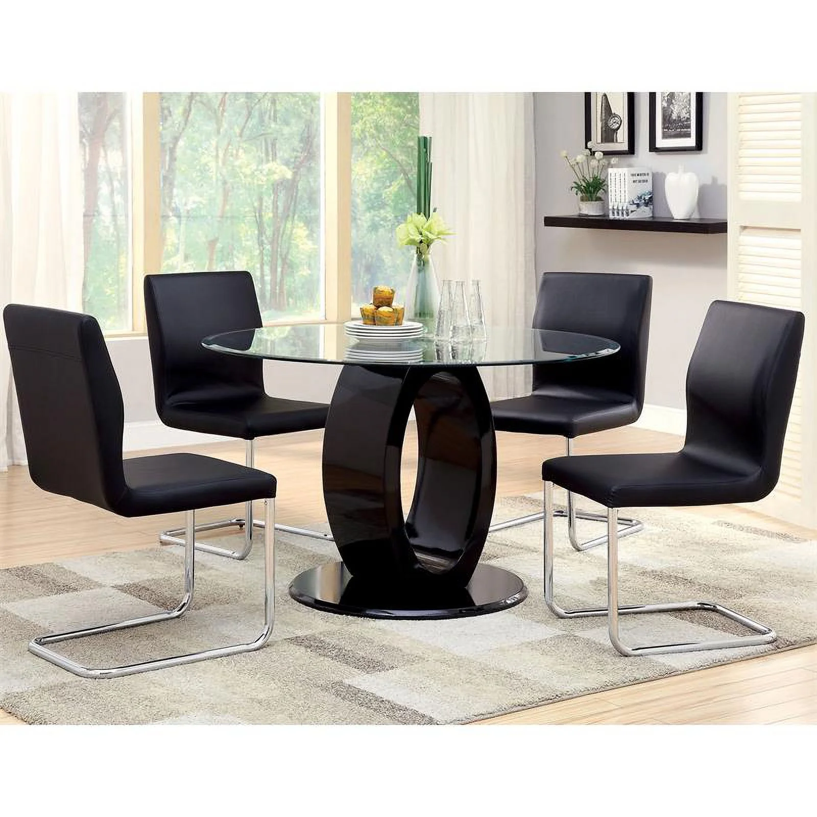 Furniture of America Moya Round Tempered Glass Top Dining Table in Black