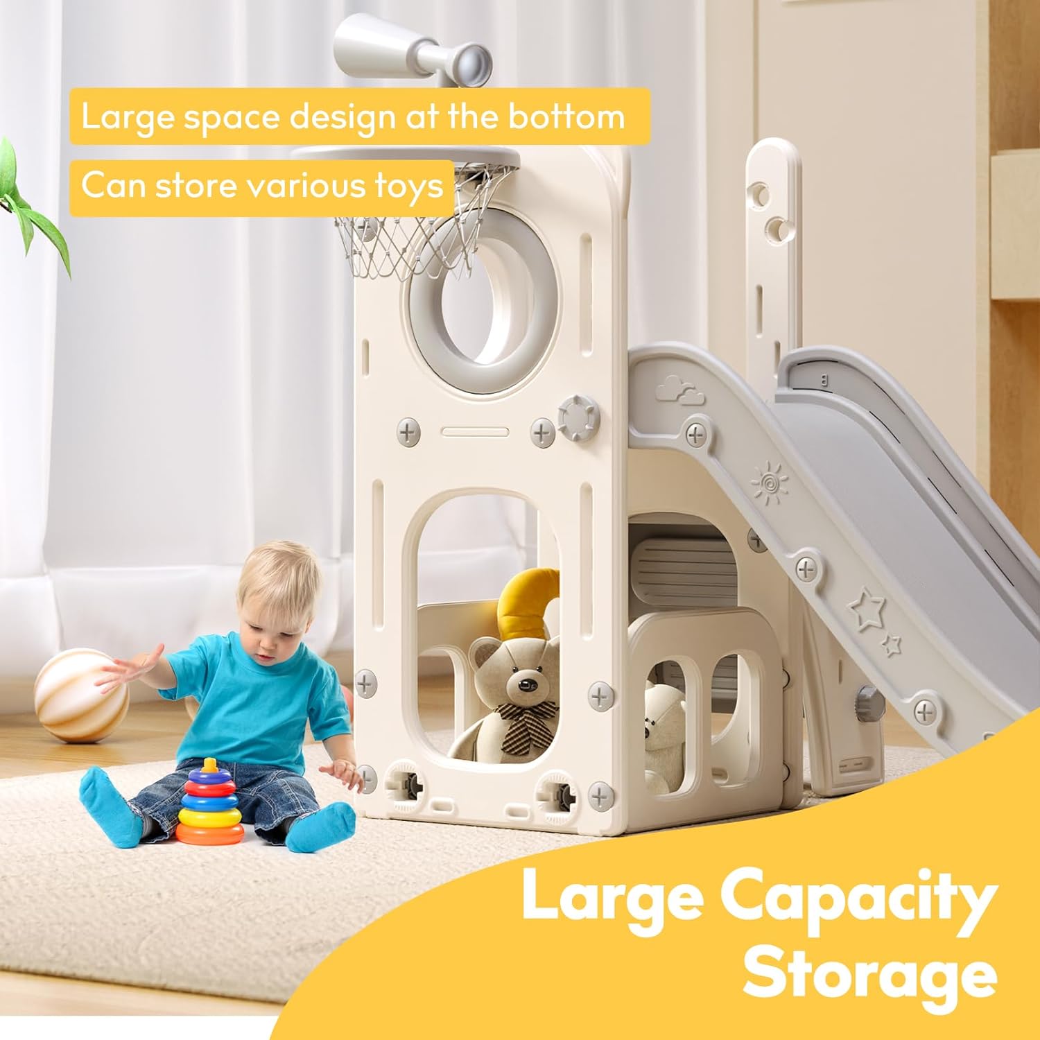 6 in 1 Toddler Playset with Slide,Toddler Slide,Slide for Kids with Basketball Hoop,Ball,Ring Toss,Kids Slide Toddler Playground Toddler Slide Indoor Outdoor Toys (6 in 1, White Grey)