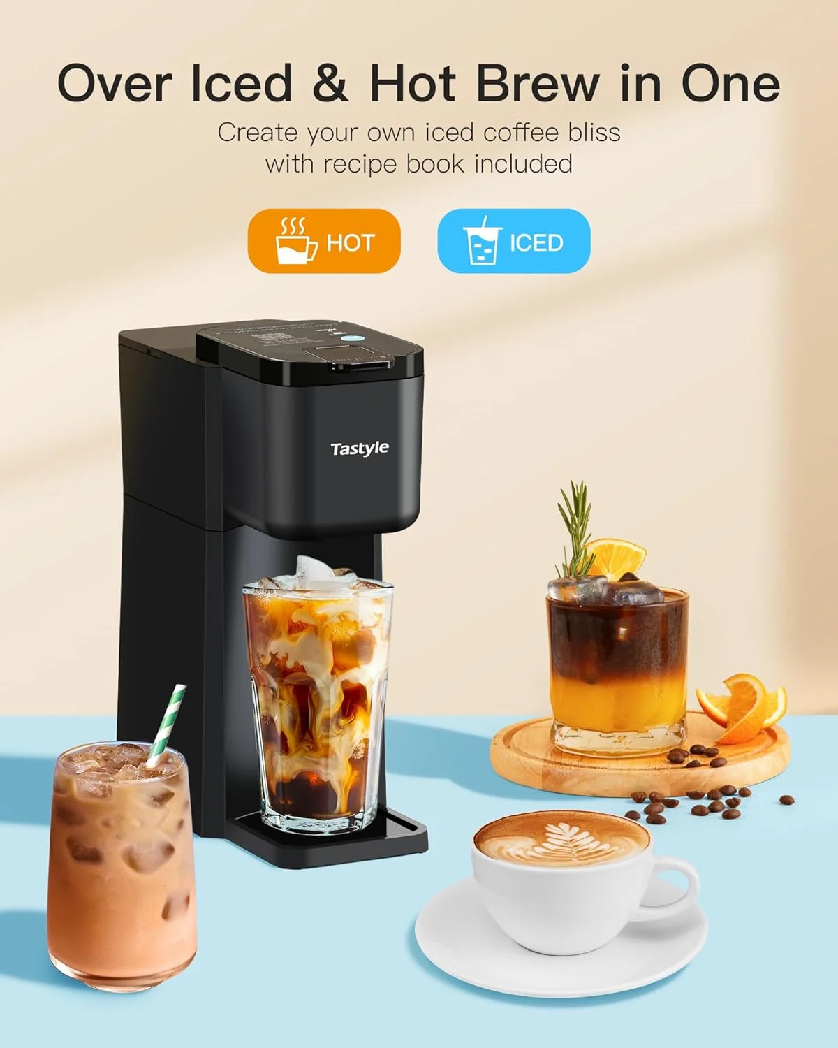 Tastyle Mini Single Serve Iced and Hot Coffee Maker for K Cup and Ground, 6 to14 Oz Brew Sizes, with Recipe Book, One Cup Small Pod Coffee Makers for Home, RV and Office