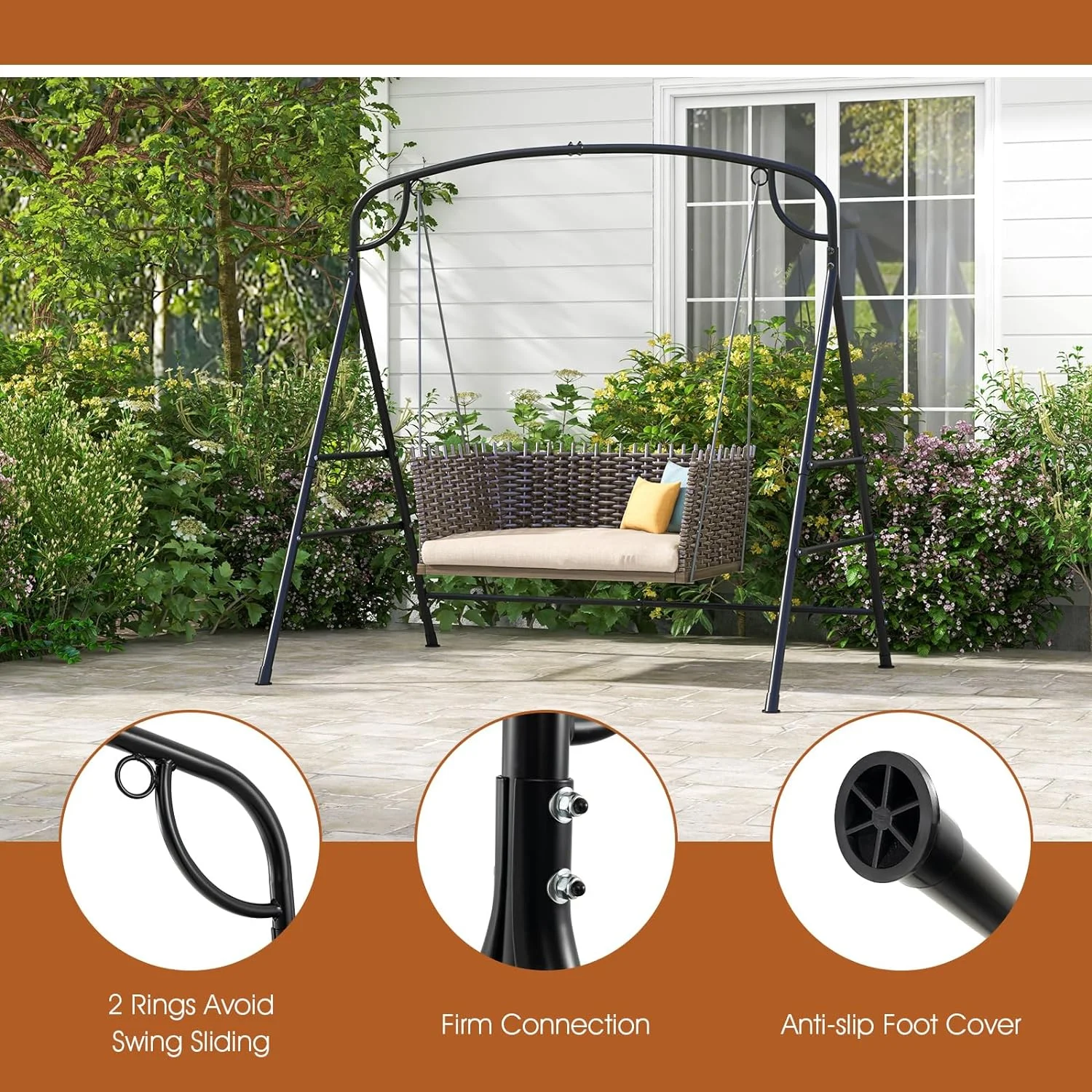 Outdoor Swing Frame Heavy-Duty Metal Porch Swing Stand with Side Bars & 2 Rings, 660 lbs Weight Capacity, A-Frame Swing Frame for Garden, Backyard, Balcony