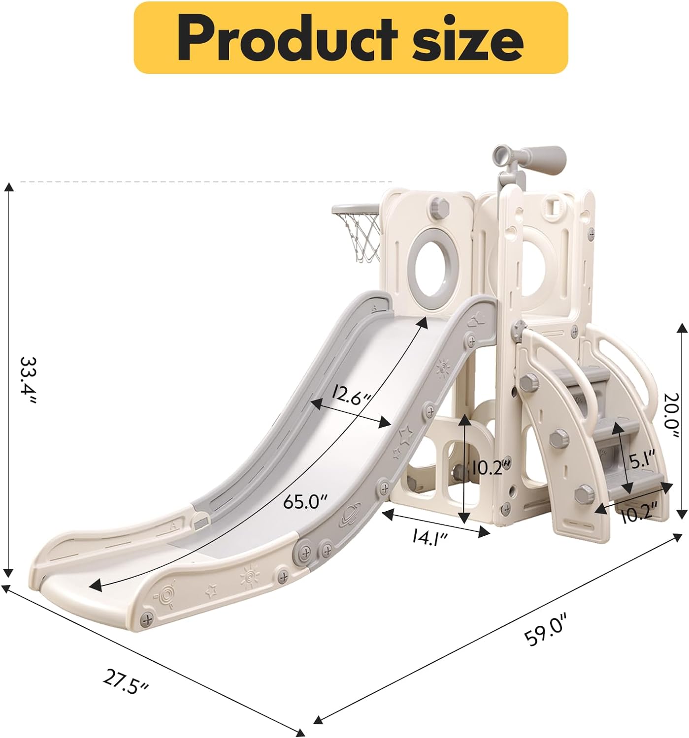 6 in 1 Toddler Playset with Slide,Toddler Slide,Slide for Kids with Basketball Hoop,Ball,Ring Toss,Kids Slide Toddler Playground Toddler Slide Indoor Outdoor Toys (6 in 1, White Grey)