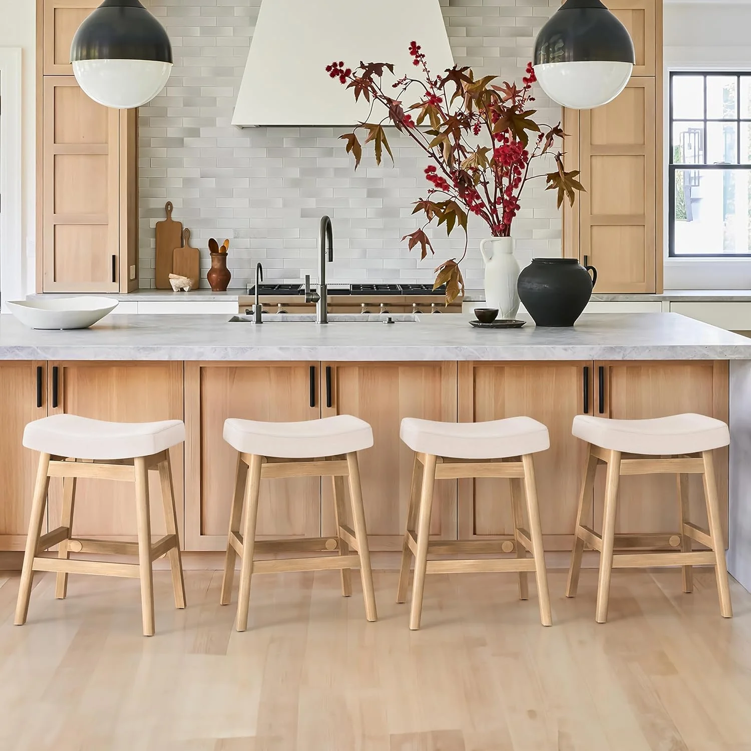 Dycanpo Bar Stools Set of 4, Barstools with Sturdy Wood Legs, Saddle Seat Counter Height Bar Stools for Kitchen Counter, Bar, Dining, 24 Inch Farmhouse Counter Stools, Beige