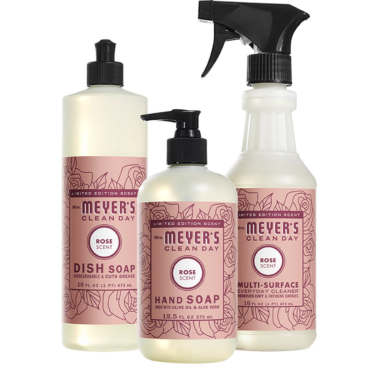 Mrs. Meyer's Rose Kitchen Set, Dish Soap, Hand Soap, Multi-Surface Cleaner, 1 CT