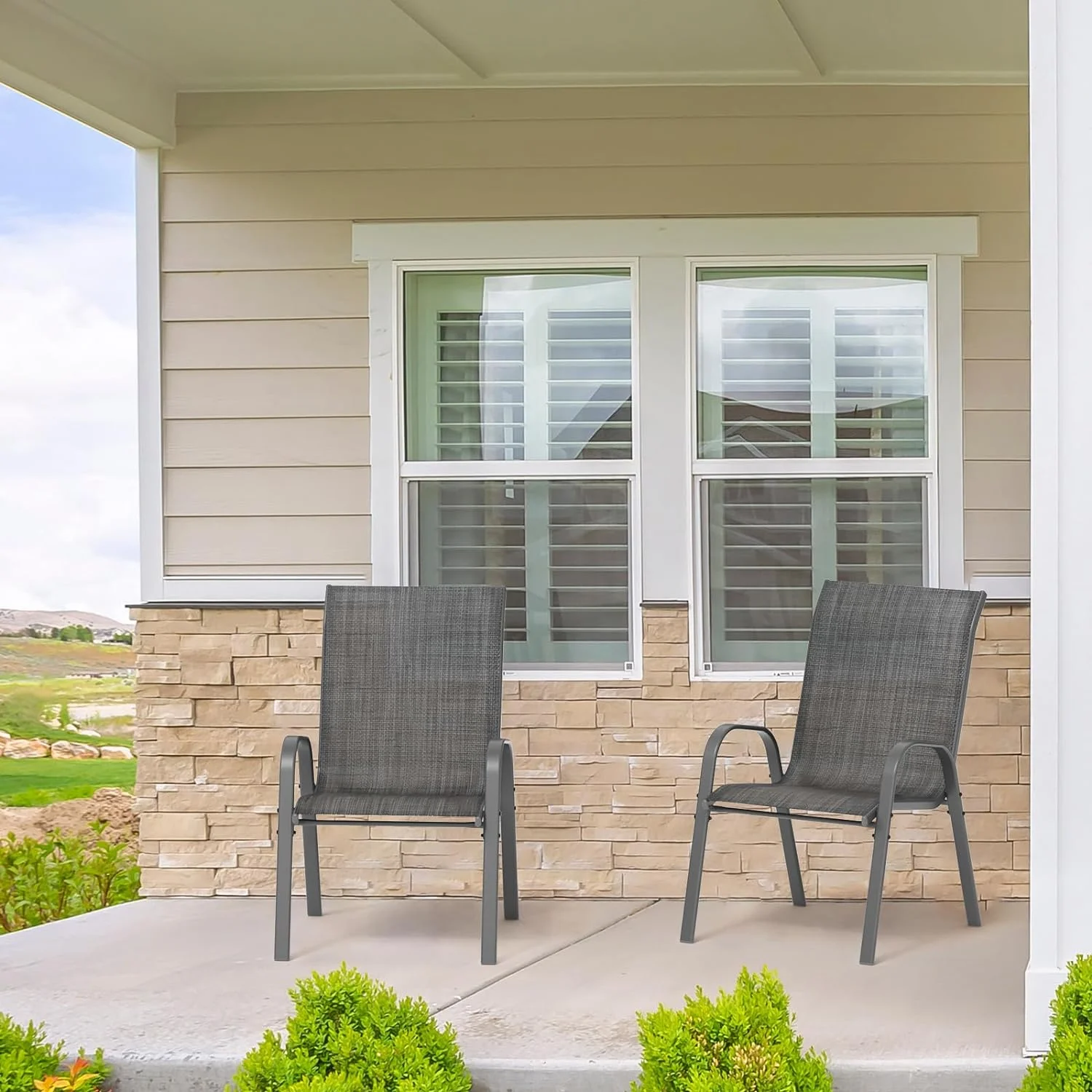 Techmilly Patio Dining Chairs Set of 2, Outdoor High Stacking Chairs, Backyard Deck Garden Chairs, Indoor Breathable High-Density Fabric Chairs, Restaurant Kitchen Dining Trattoria Chairs Grey