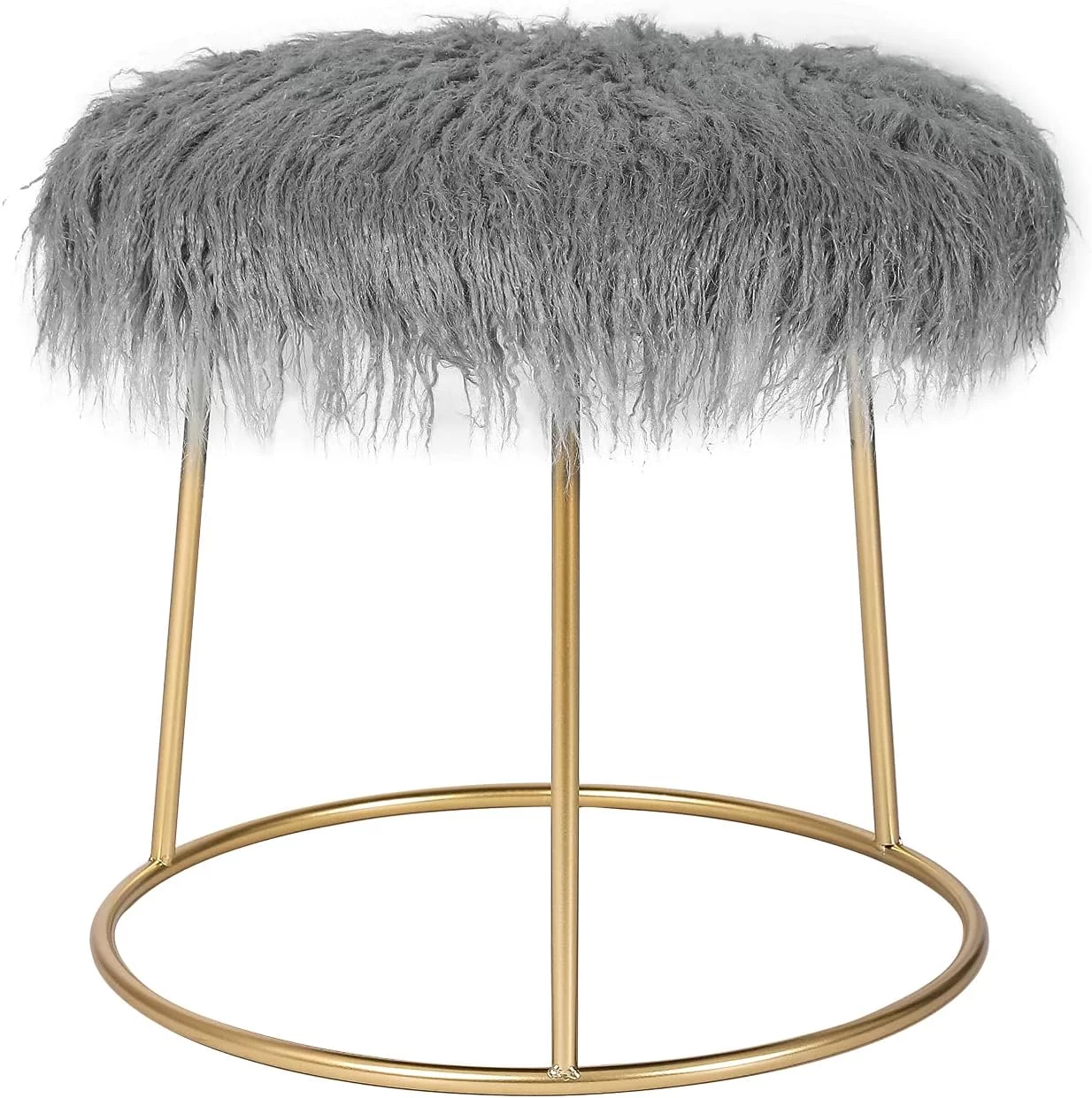 Round Gray Faux Fur Vanity Stool With Gold Legs - Vanity Chair - Soft Compact Padded Seat - Bedroom And Chair - Metal - Fluffy Makeup Seat
