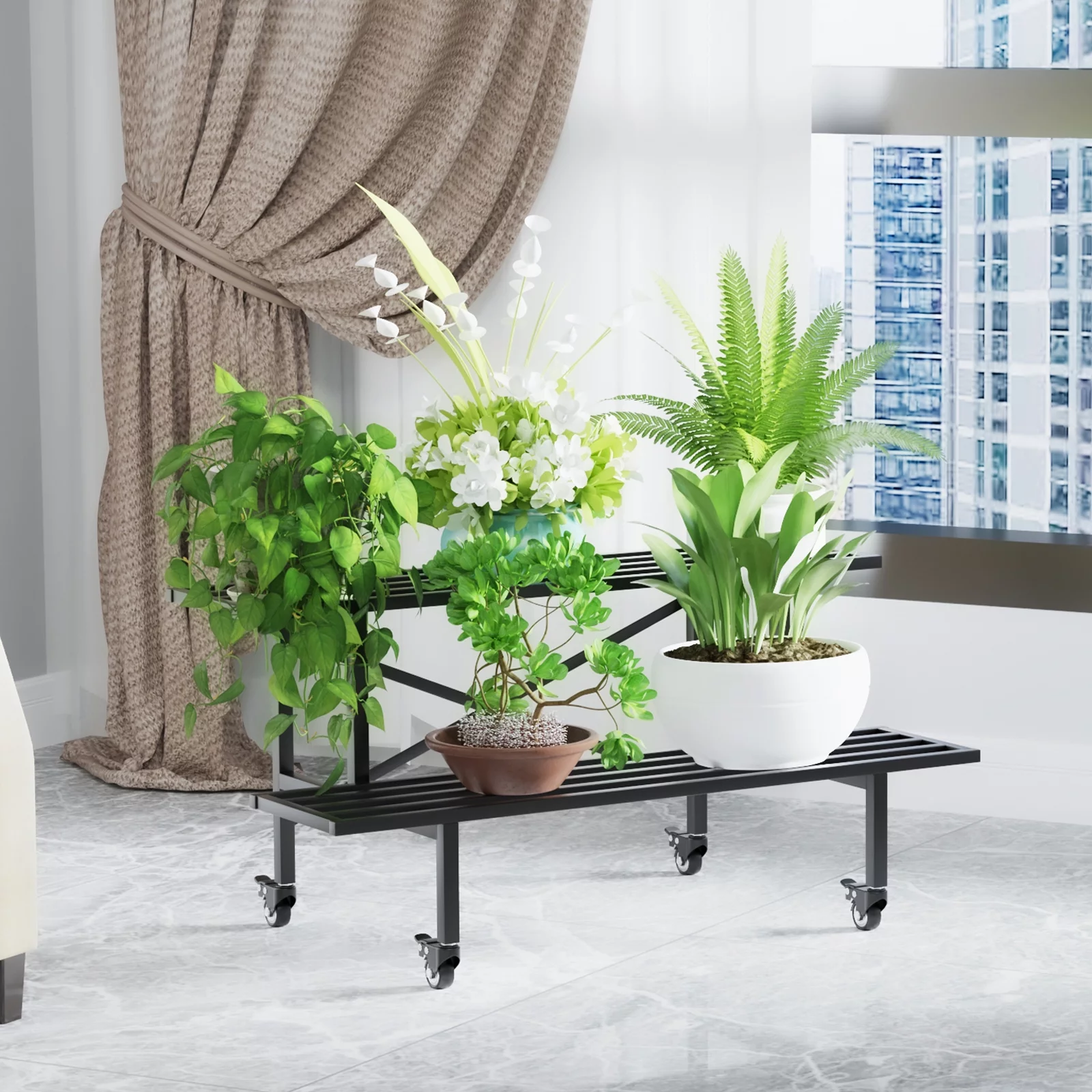 Zhongma 2 Tier Sturdy Metal Plant Stand with Wheels, L35.43 x W17.5 x H16.14 inch, Heavy Duty Plant Holder for Home Indoor and Outdoor,440 LBS Capacity & Heavy Duty Construction