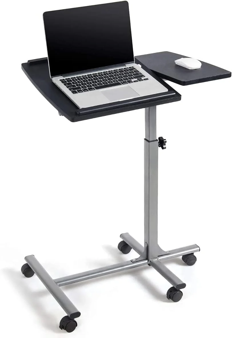 Overbed Laptop Desk, Mobile Laptop Stand with Tilting Tabletop, Rolling Height Adjustable Bedside Table with Mouse Pad Cup Holder