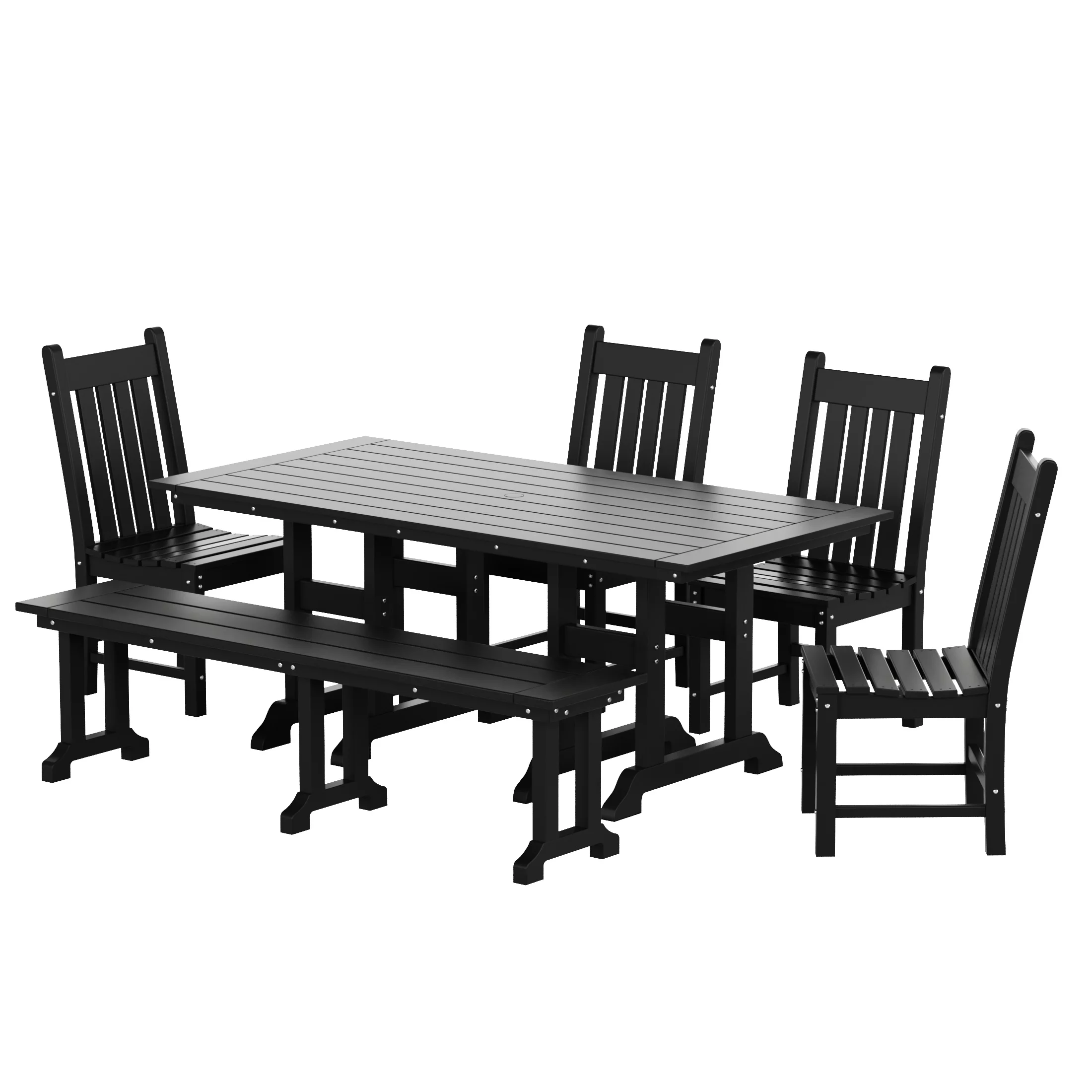 WestinTrends Malibu 6 Piece Outdoor Dining Set with Bench, All Weather Poly Lumber Patio Table and Chairs Set, 71