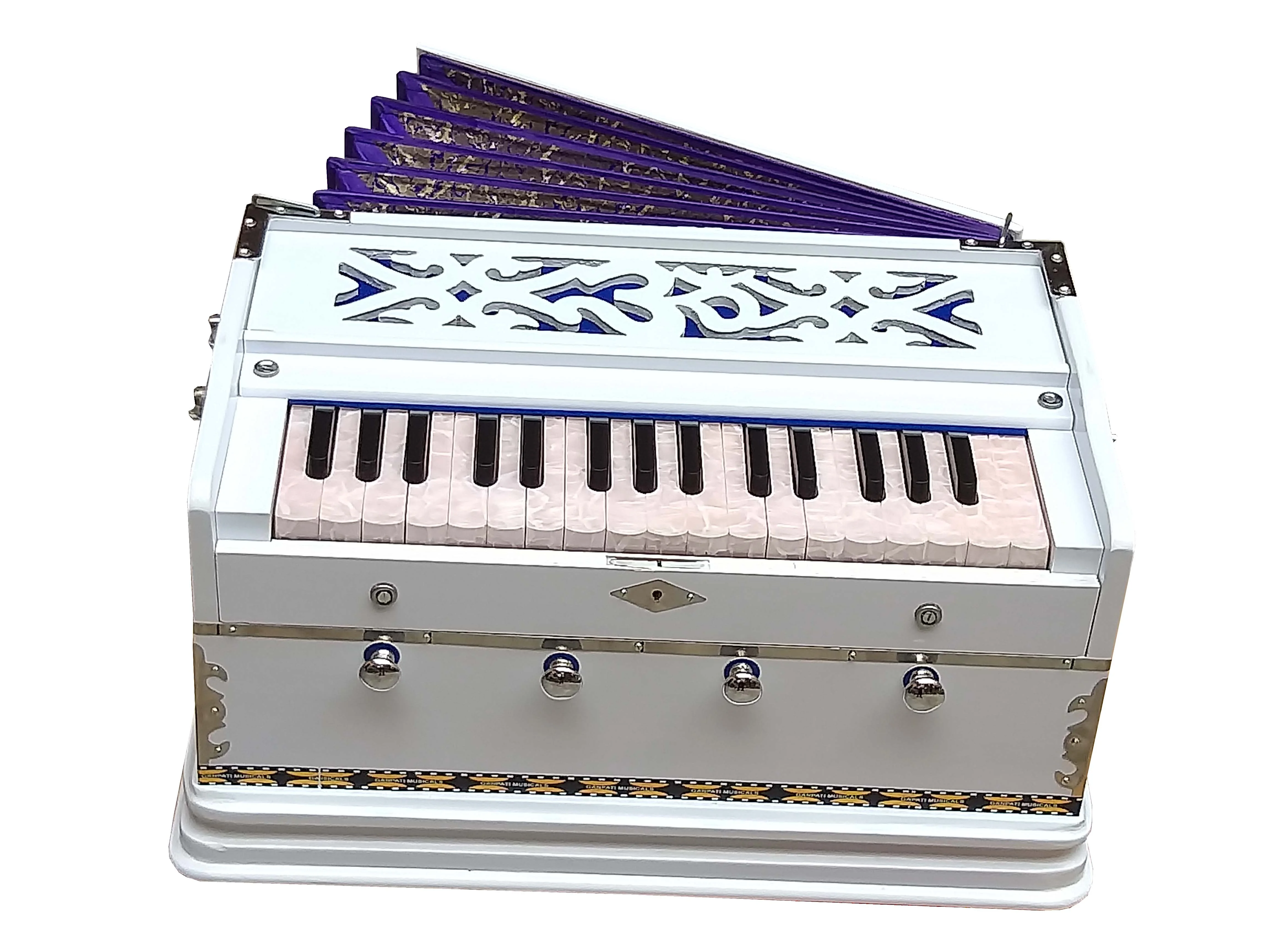 Harmonium White~2 Octaves~7 Fold Bellow~4 Stop~Double Reeds~32 Keys~Chant~Kirtan~Bhajan