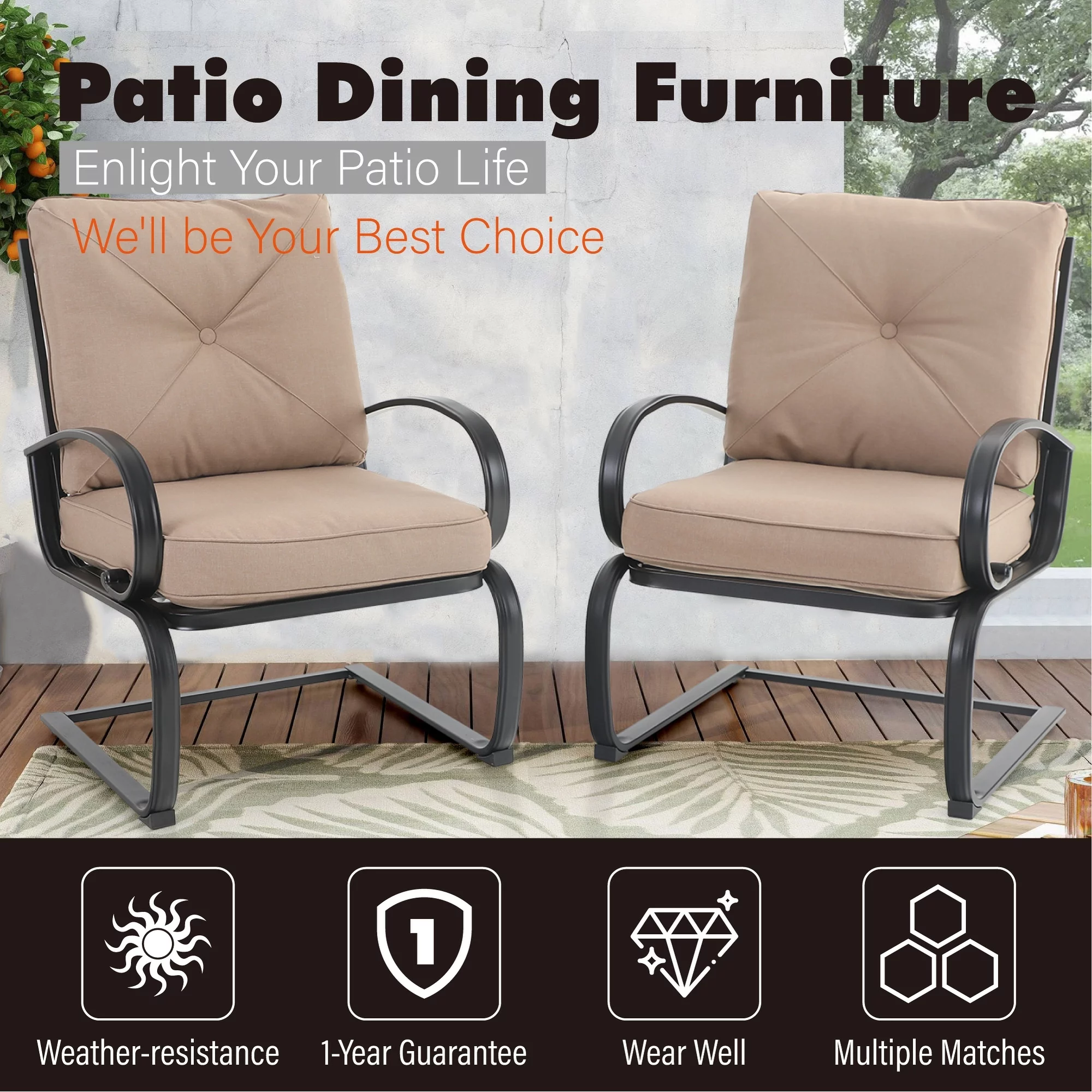 2-Piece C-Spring Patio Metal Dining Chairs with Cushions beige