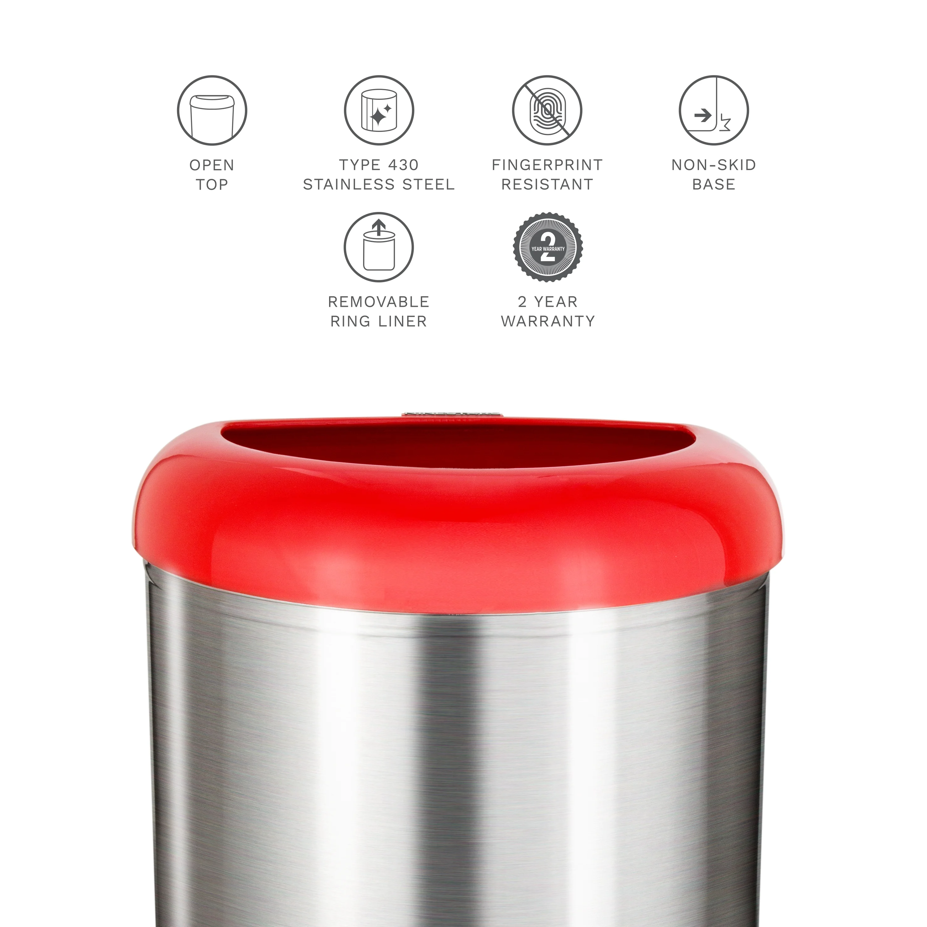 Nine Stars 13.2 gal / 50L Open Top Trash Can Red, Fingerprint-Resistant Stainless Steel