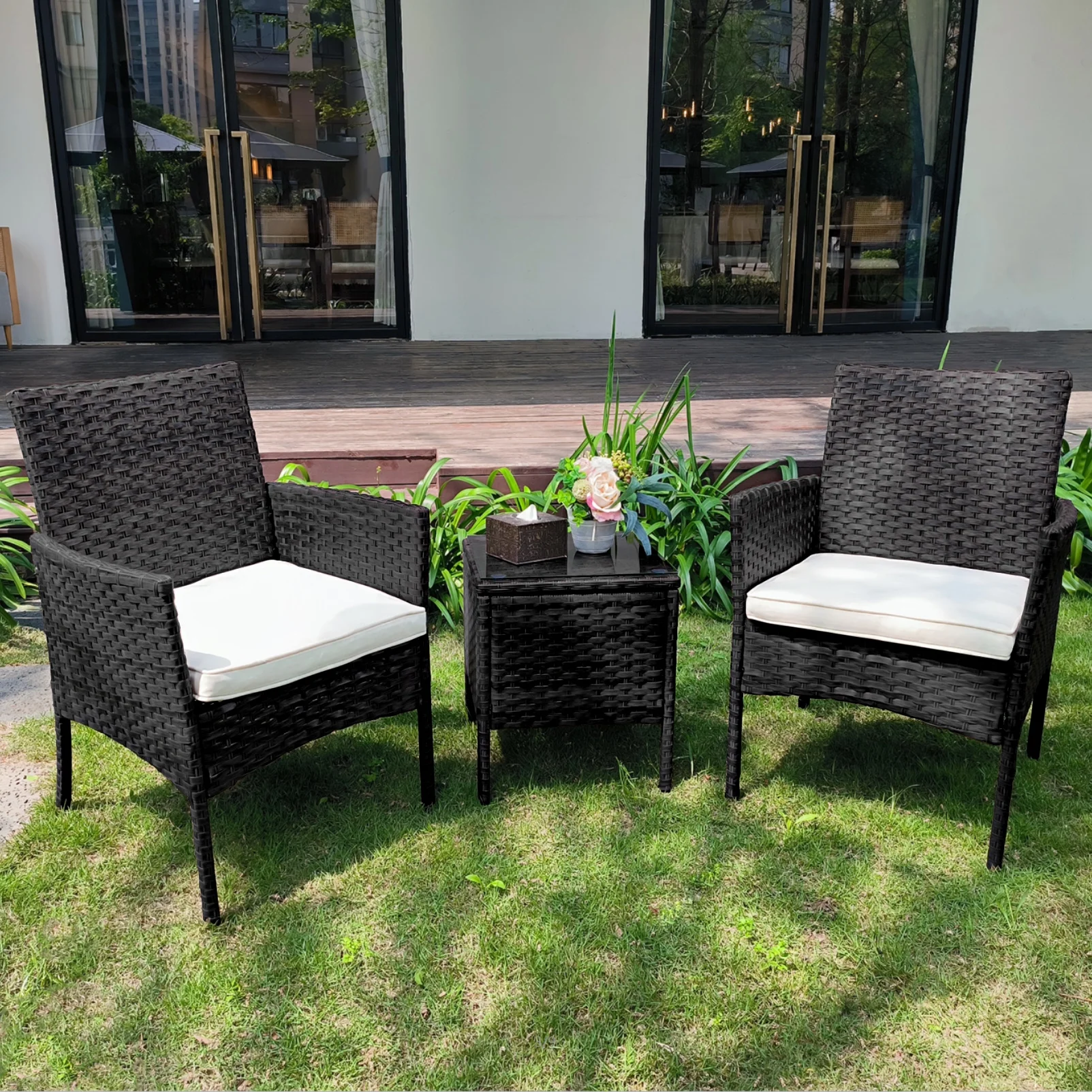 DIMAR GARDEN 3 Pieces Outdoor Rattan Patio Conversation Set, Black