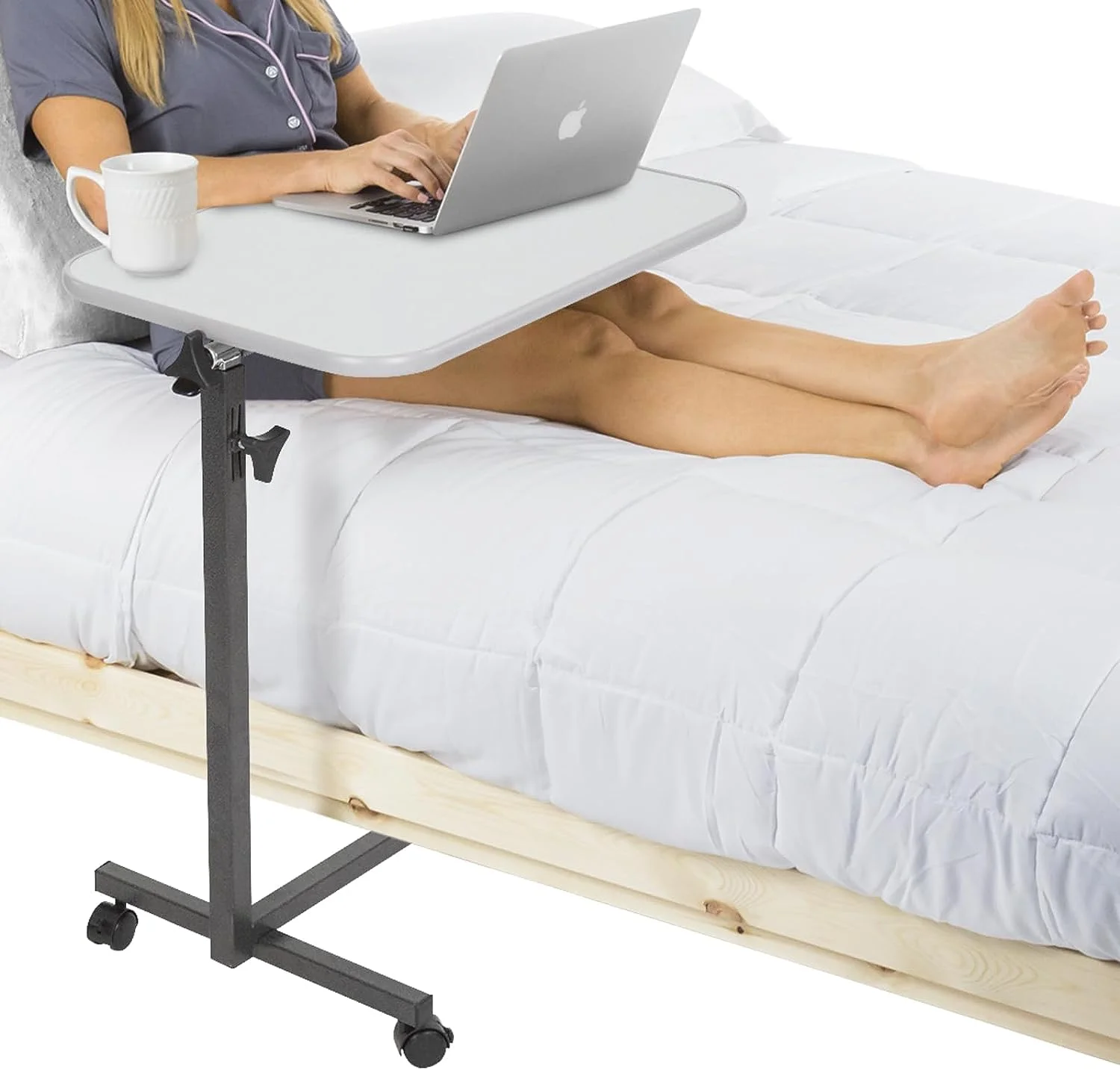 Compact Overbed Table - Over Hospital Bed Tray - Rolling for Home Use or Medical - Adjustable Height, Tilt Top and Swivel Wheels - for Reading, Laptop, Eating, Bedridden, Elderly and Seniors