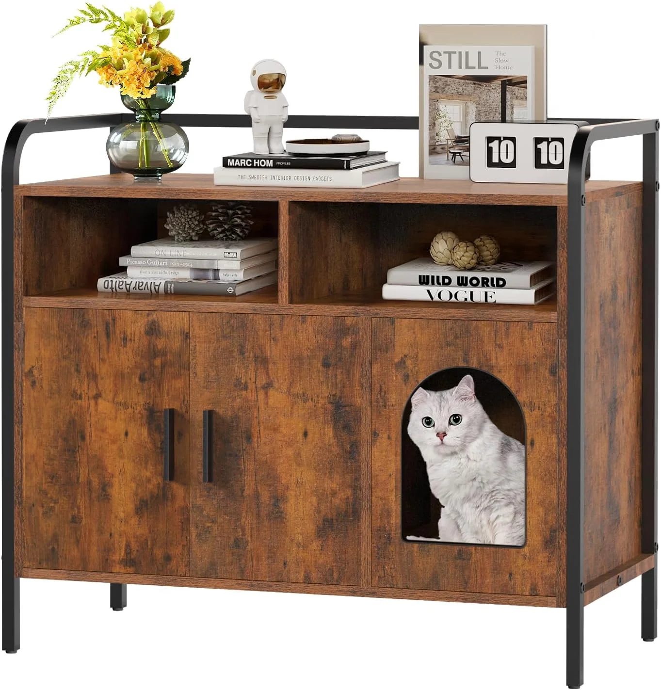 Litter Box Enclosure, Cat Litter Box Furniture Hidden, Cat Washroom Bench Storage Cabinet Large with Double Doors and Open Shelf for Bedroom, Living Room