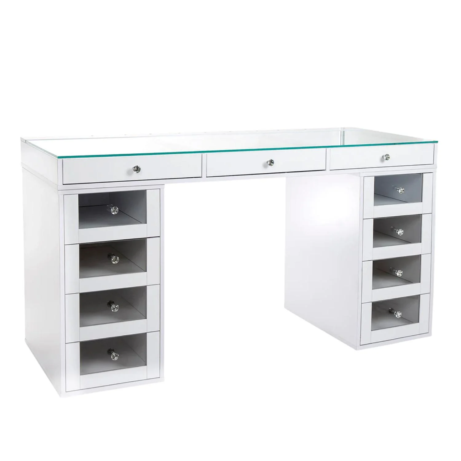 Impressions Vanity SlayStation 2.0 Tabletop with Mirror and 4 Drawer Unit Bundle, Vanity Desk with LED Makeup Mirror, Clear Glass Table Top, 2x Storage Units, and Lighted Vanity Mirror for Bedroom