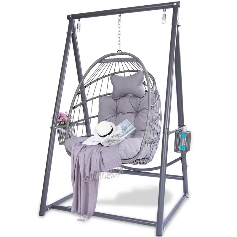 Swing Egg Wicker Chair and Reinforced Solid Structure Hammock Stand with 2 Storage Baskets and 3 Hooks for Indoor Outdoor Patio Garden Balcony (Grey)