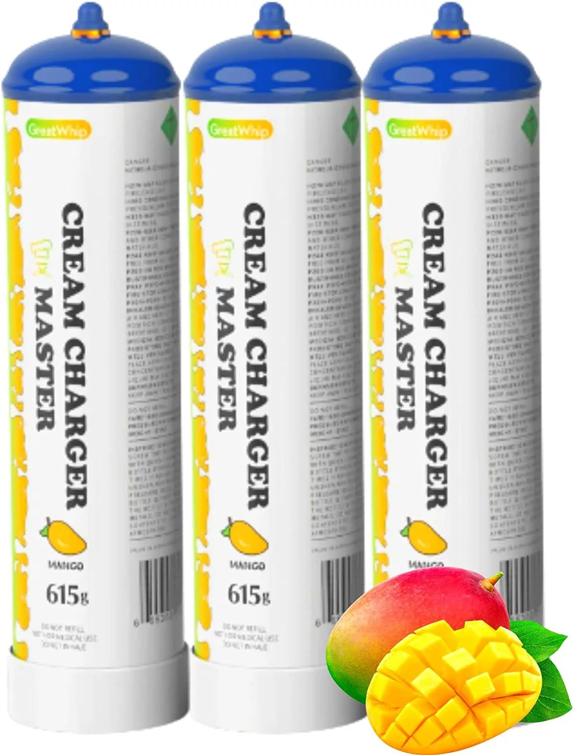 GreatWhip Mango Flavor Nitrous Oxide Chargers 615g Whipped Cream Charger 0.99Liter Whip Cream Charger (3 Cylinders)