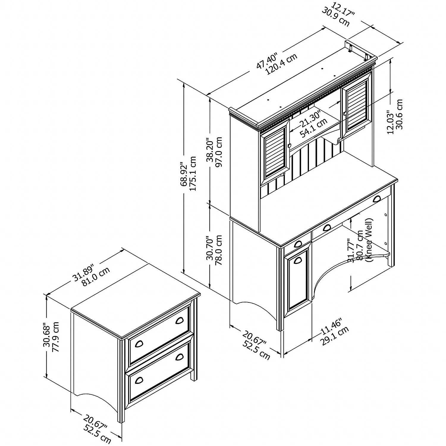 Bush Furniture Desk w/Hutch & 2 Drawer Lateral File Cab 48W Antique Black/Cherry STF006AB