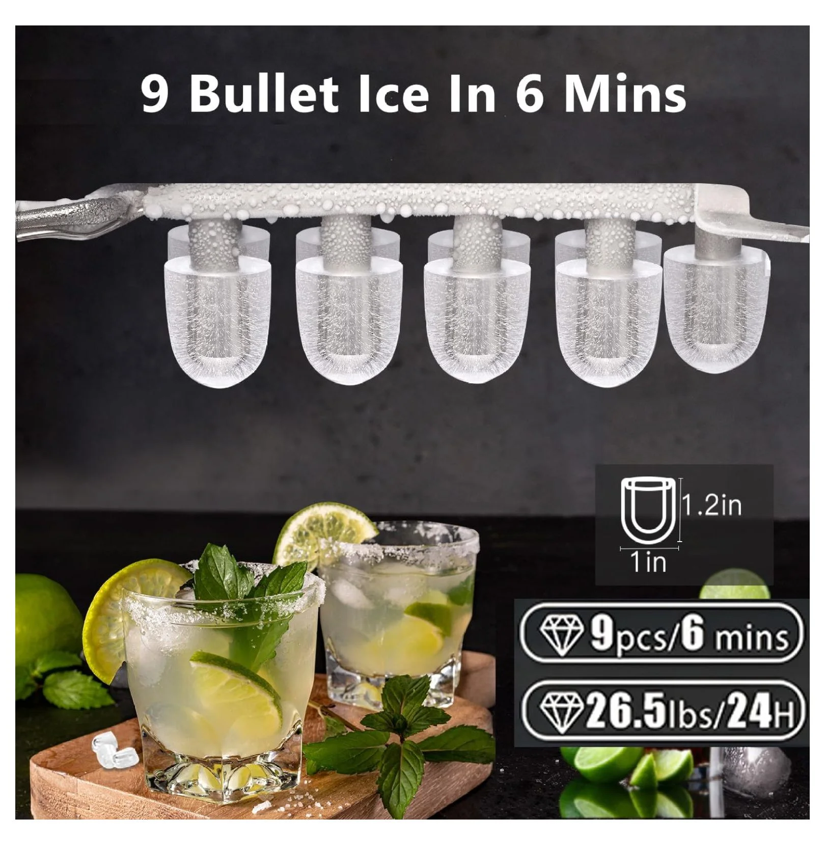 Ice Maker Machine Countertop, 26 lbs in 24 Hours, 9 Cubes Ready in 6 Mins, Self-Cleaning, Portable Ice Maker with Ice and Basket,White