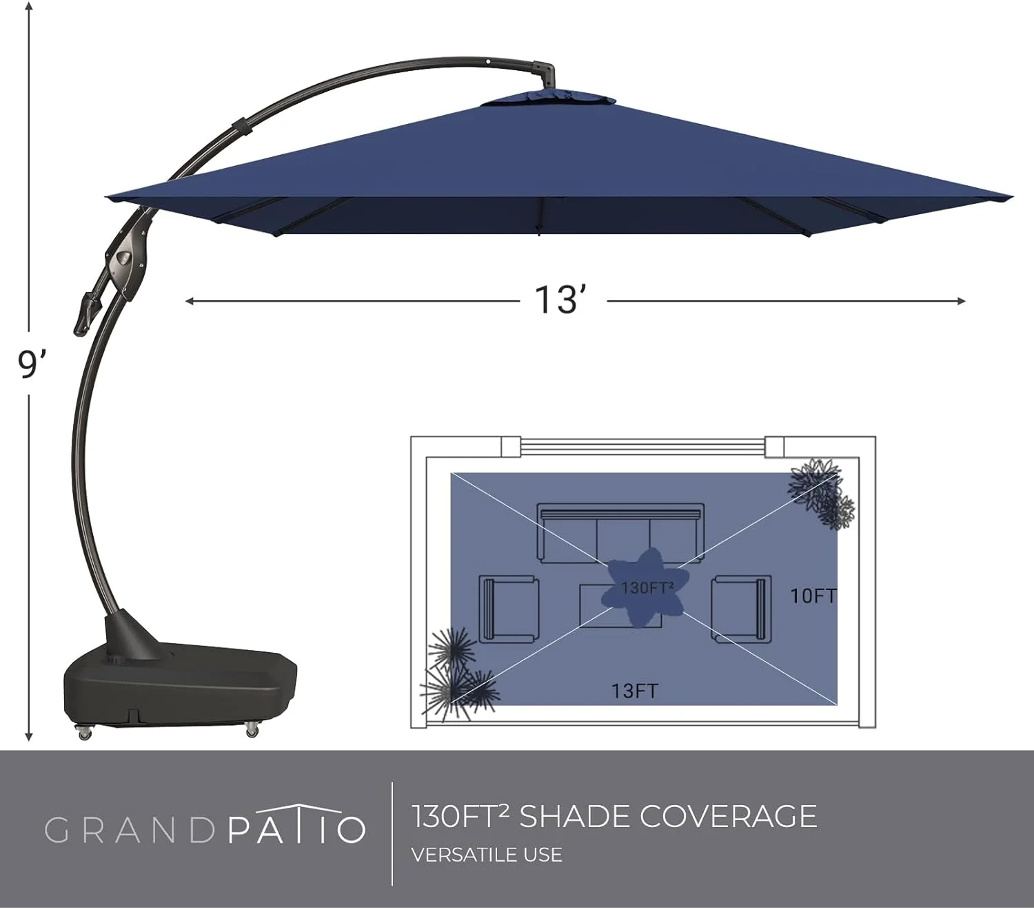 Grand Patio Outdoor 10x13 ft Rectangular Offset Umbrella for Pool, Garden, Deck (Navy Blue)