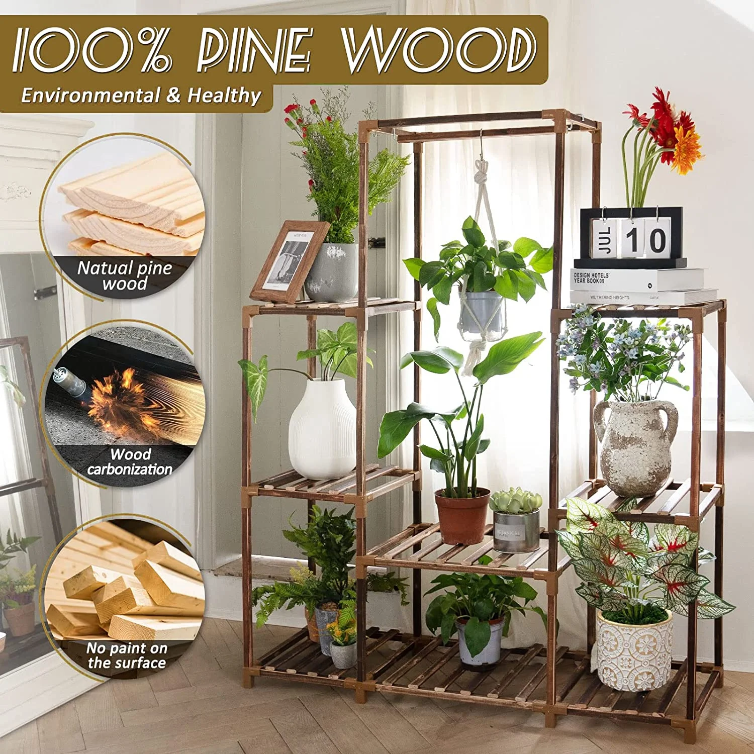 Plant Stand Indoor Outdoor Tall Shelf for Multiple Plants 8 Tiers 12 Pot Large Rack Pine Wood Corner Plant/Flower Holder for Room Corner Balcony