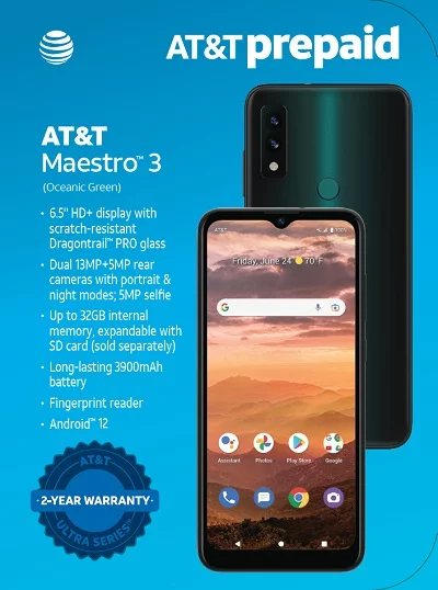AT&T Maestro 3, 32GB, Ocean Green - Prepaid Smartphone