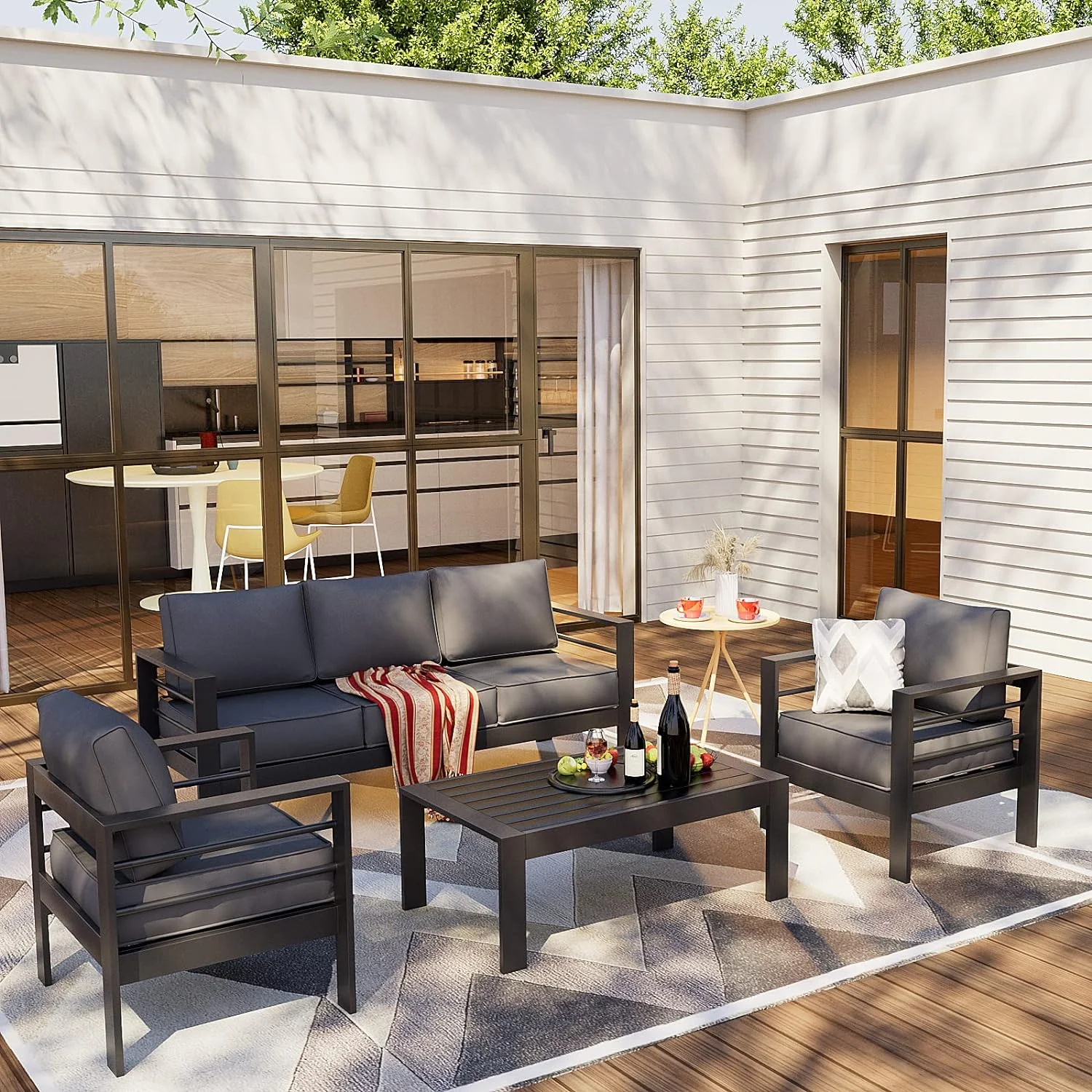 ECOPATIO Aluminum Patio Furniture Set, 6 Pcs Metal Modern Outdoor Sofa Sets, Outdoor Sectional Patio Conversation Set with Coffee Table for Backyard, Poolside, Dark Grey (Included Waterproof Covers)