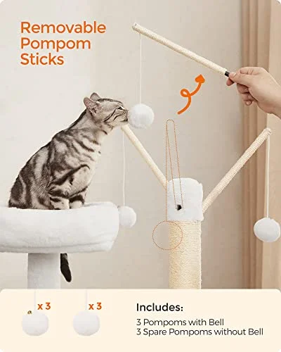 Feandrea WoodyWonders Cat Tree with Litter Box Furniture Hidden Enclosure, 2-in-1 Modern Tower, Cat Condo with Scratching Posts, Removable Pompom Sticks, Greige UPCT113G01