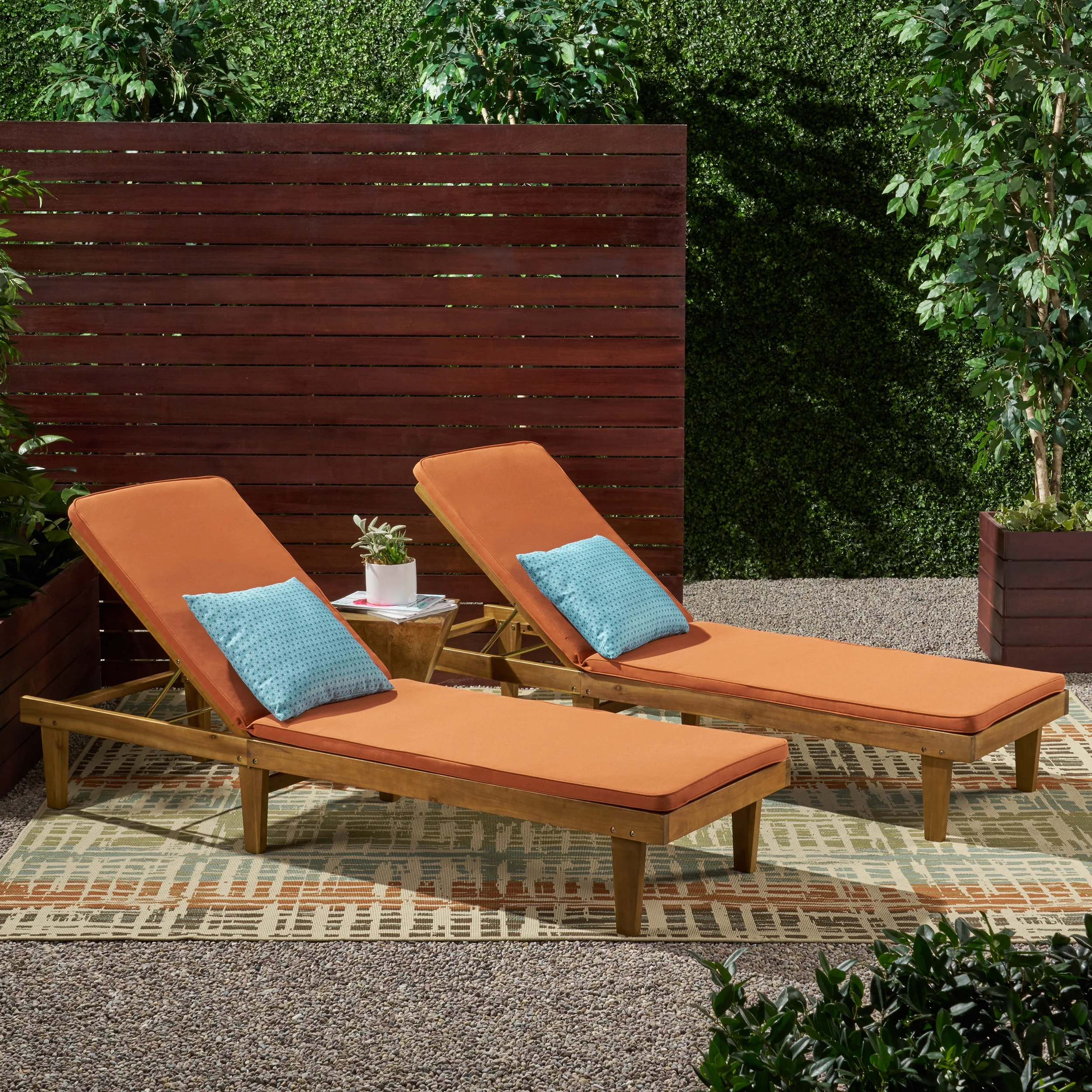 GDF Studio Teresa Outdoor Acacia Wood Armless Adjustable Chaise Lounges with Cushion, Set of 2, Teak and Rust Orange