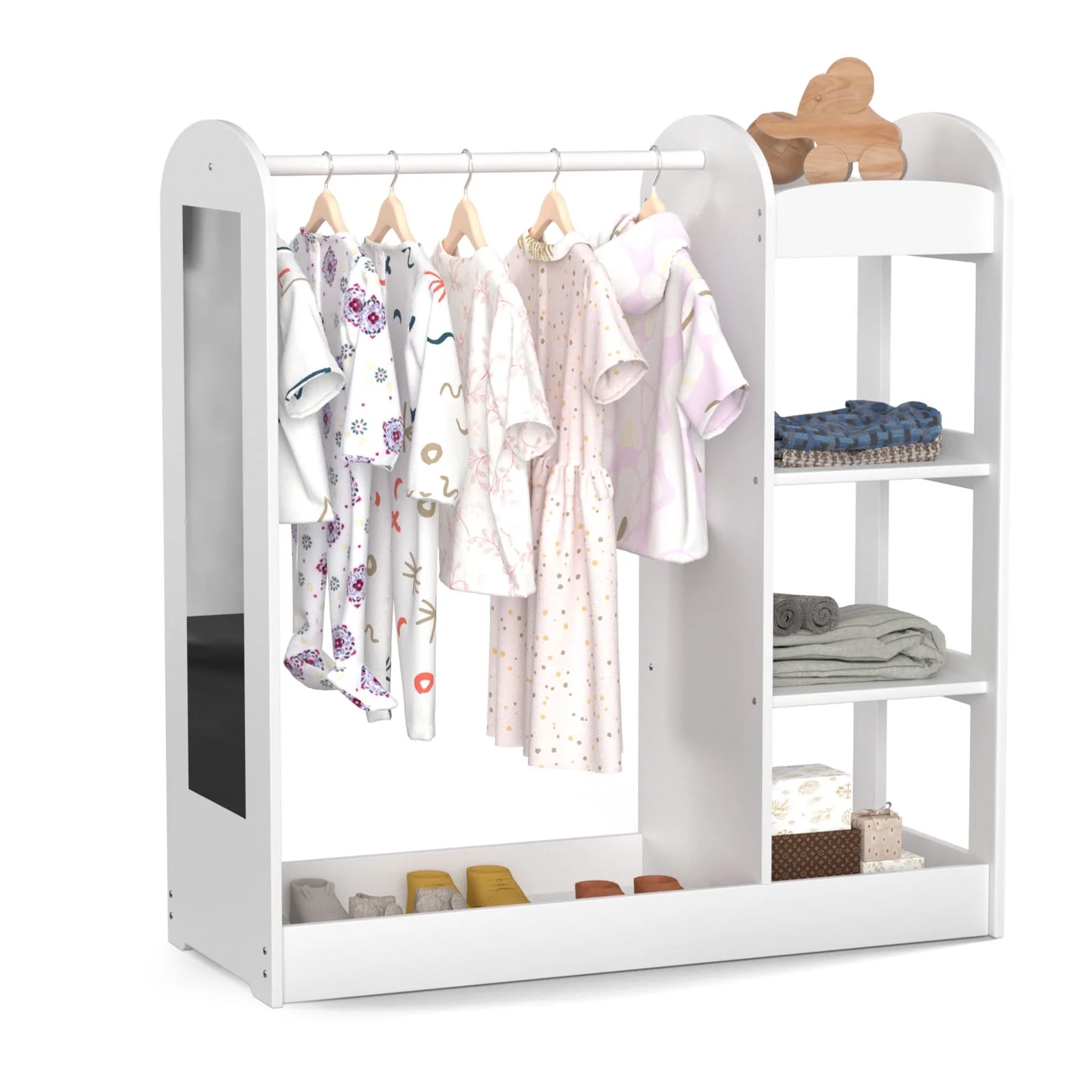 KORIMEFA Kids Dress up Storage with Mirror, Clothes Rack, 3-Tier Shelves, Bottom Tray, Pretend Play Costume Dresser Organizer Center, Open Hanging Armoire Closet for Little Girls