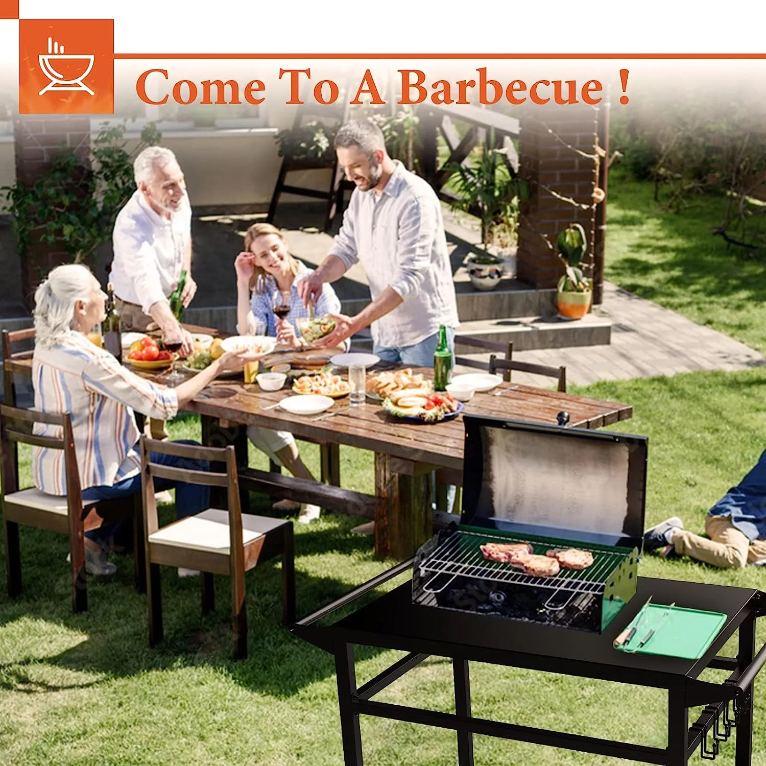 RAXSINYER Movable Grill Table, Double-Shelf Outdoor BBQ Grill Cart, Rolling Kitchen Dining Cart, Black