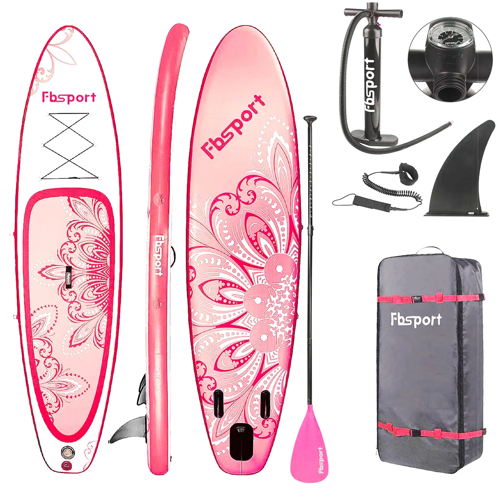 Fbsport Inflatable Paddle Board SUP, Flower System Stand Up Board with Fins Accessories Backpack Pump,Coral Powder