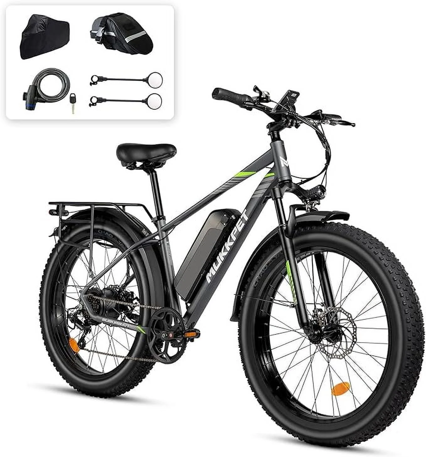 Mukkpet Suburban 750W Electric Bike for Adults 26'' * 4.0 All Terrain Tire Electric Mountain Bikes 48V 15AH BMS Removable Lithium Battery Electric Bicycle Shimano 7-Speed Electric Bike, Standard
