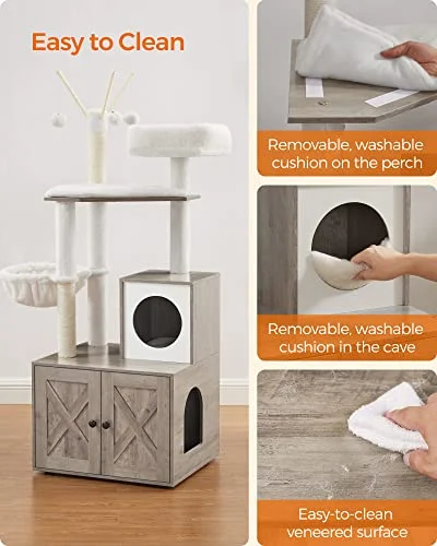 Feandrea WoodyWonders Cat Tree with Litter Box Furniture Hidden Enclosure, 2-in-1 Modern Tower, Cat Condo with Scratching Posts, Removable Pompom Sticks, Greige UPCT113G01