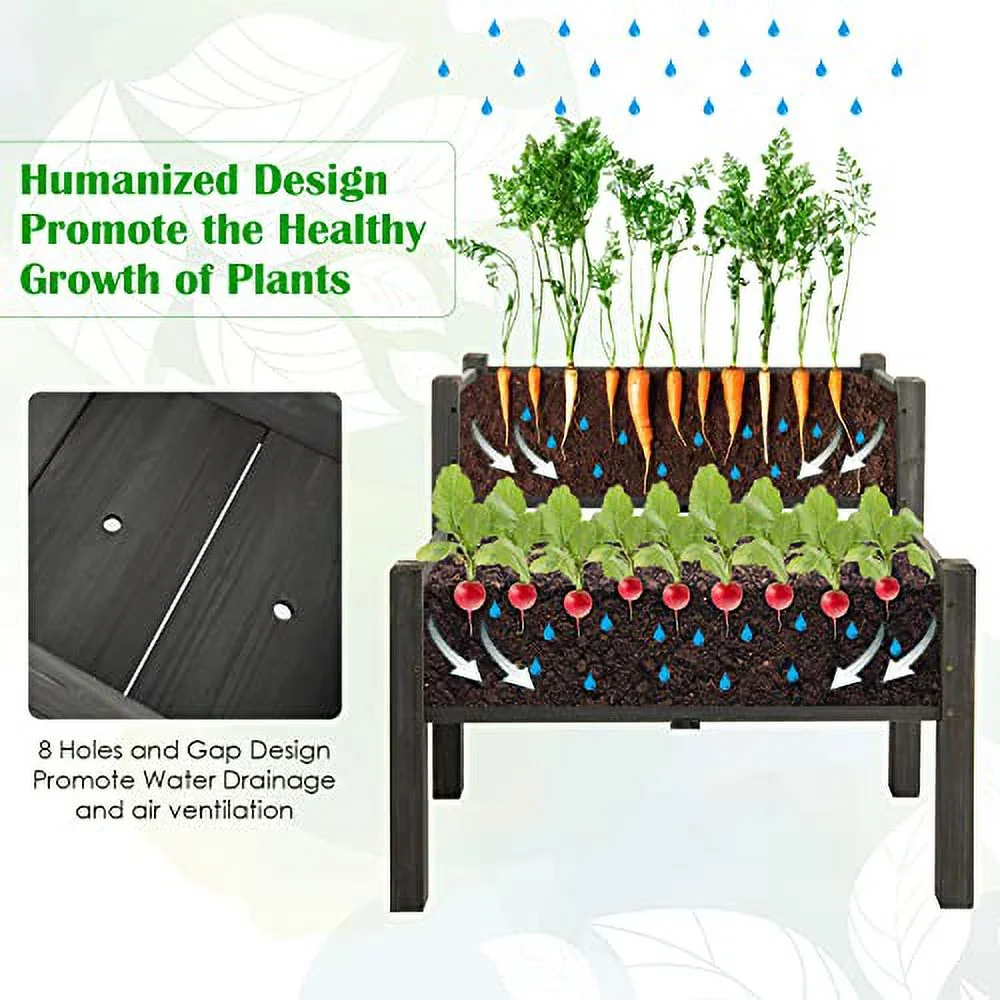 Safstar Raised Garden Bed Set of 2, Wood Elevated Planter Beds with 8 Drainage Holes & 2 Planter Boxes, 3.5 Cu.Ft Outdoor Planting Container for Flowers Vegetables Herbs, Above Ground Rise Garden Beds