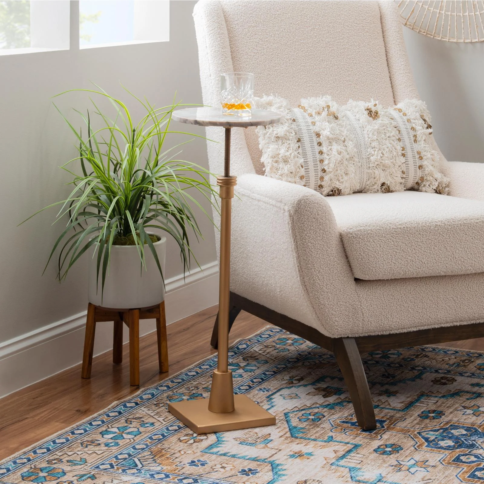 Powell Amyn Round Adjustable Height Drink Table - Gold with Sandy Marble Top