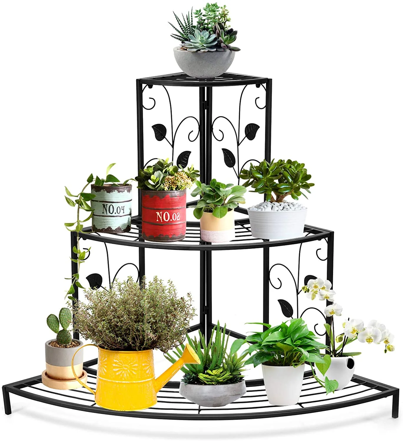 3 Tiers Corner Shelf Metal Plant Stand, Stair-Step Style Flower Pot Display, Ladder Plant Display Rack, Quarter Round Plant Shelf for Indoor Outdoor Use