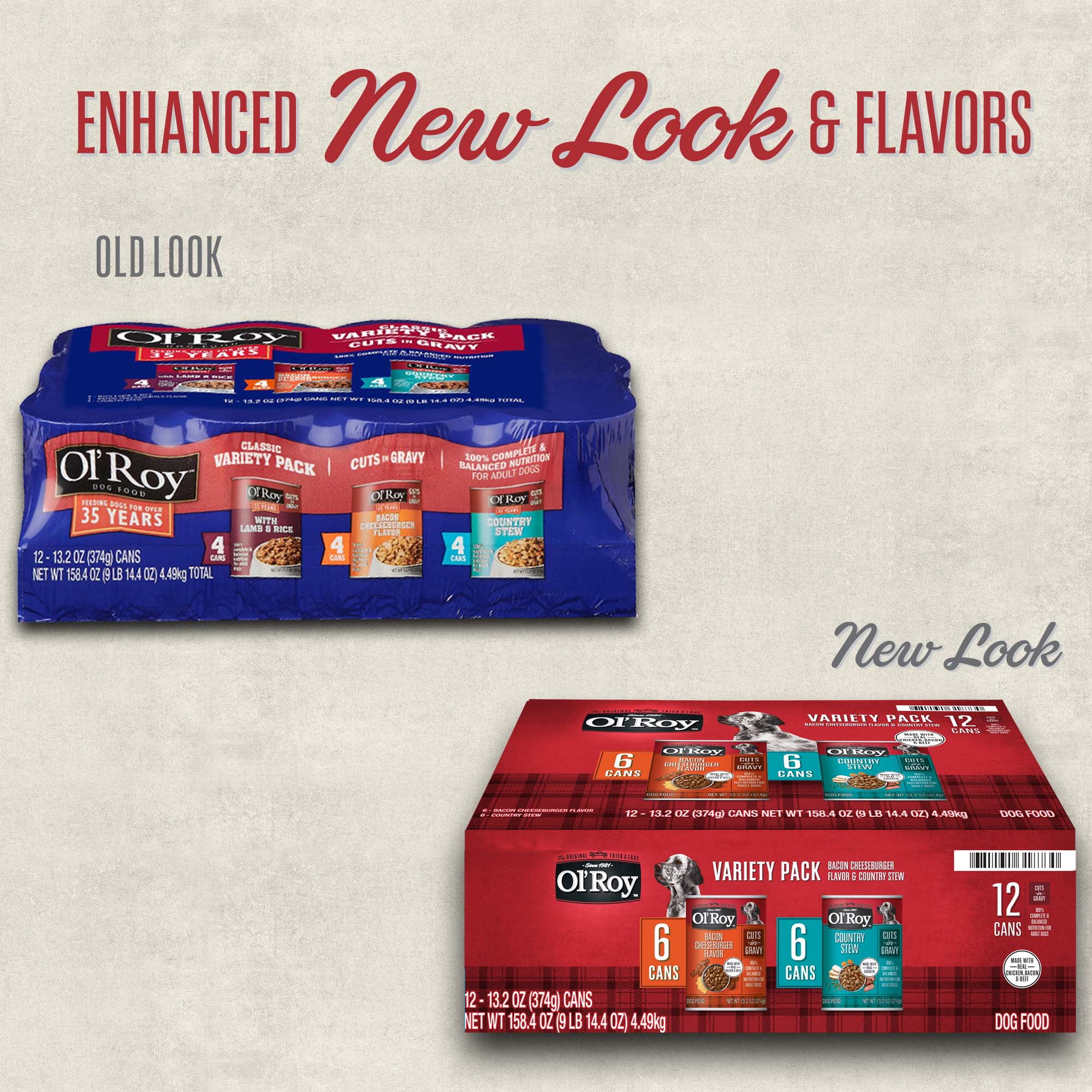 (12 Pack) Ol' Roy Cuts in Gravy Wet Dog Food Variety Pack, Lamb & Rice, Bacon Cheeseburger and Country Stew, 13.2 oz