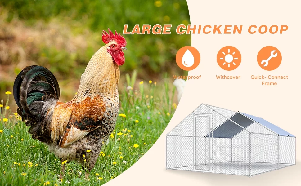 Geeloon Extra Large Chicken Coop Run Pen Cage Hen House W/ Cover 10x7ft, Metal, Walk in