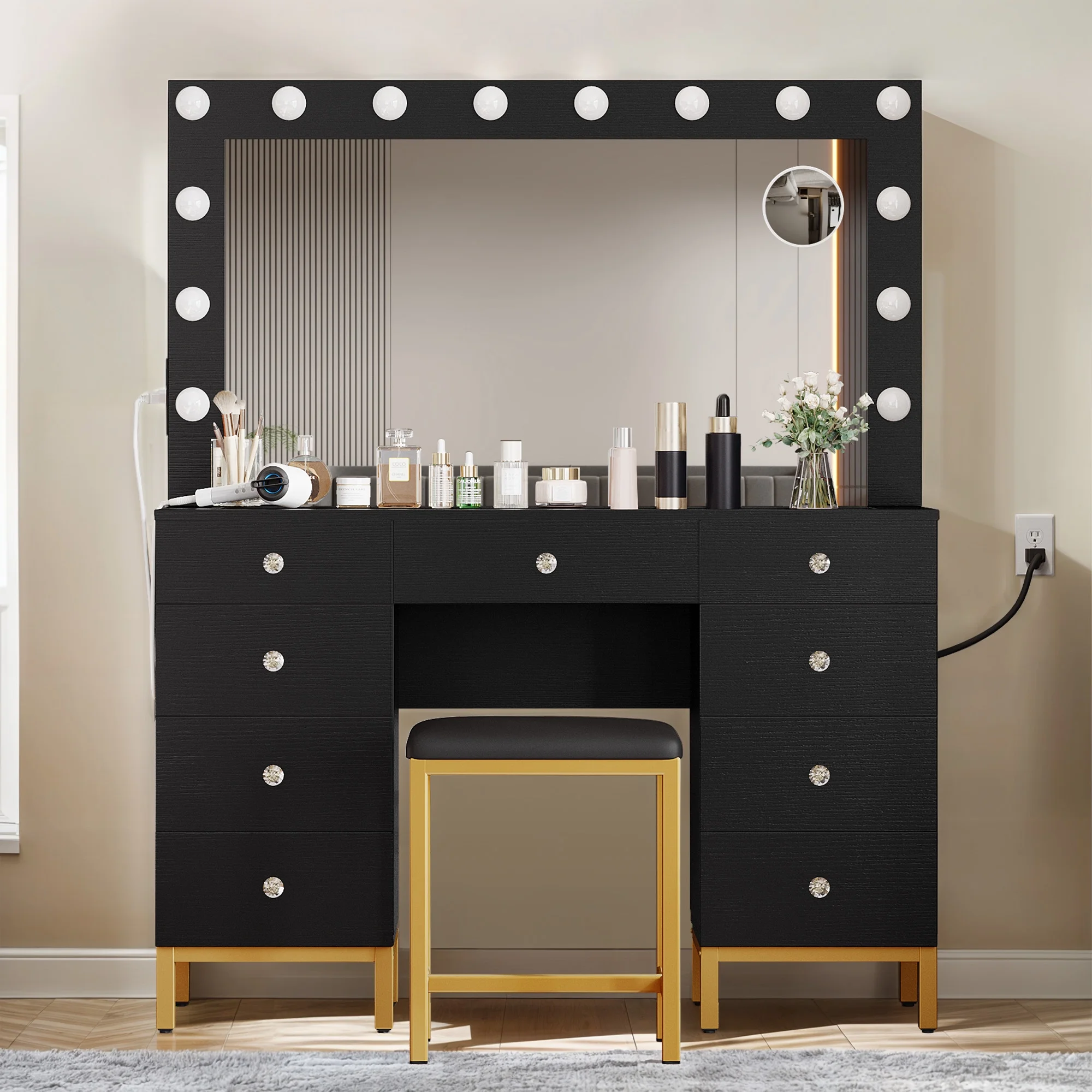 Dextrus Vanity Table Set with 3 Color Lighted Mirror & 9 Drawers , Modern Makeup Desk with Charging Station & Stool, Makeup Vanity Dressing Table for Bedroom for Women Girls, Black & Gold