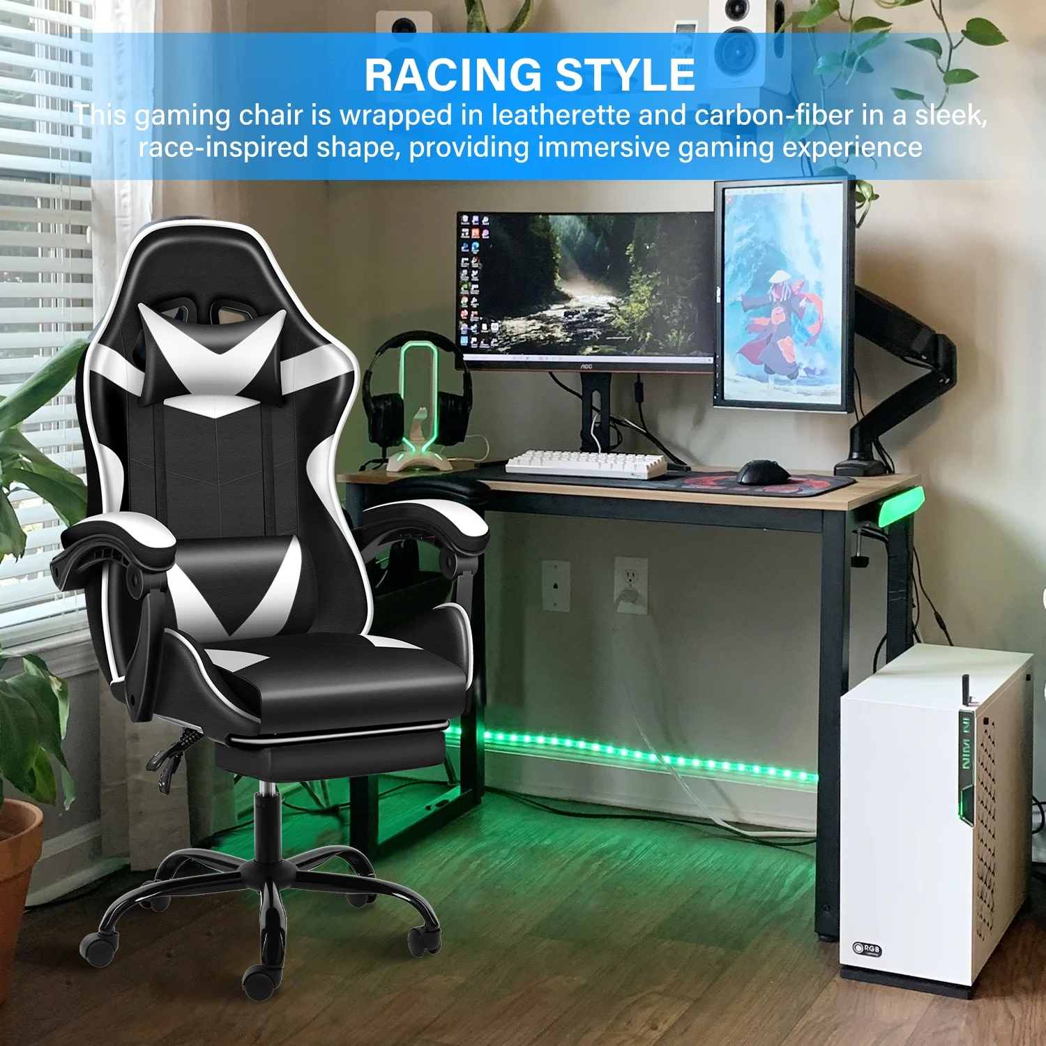 Huracan Racing Video Backrest and Seat Height Recliner Gaming Office High Back Computer Ergonomic Adjustable Swivel Chair, With footrest, Black/White